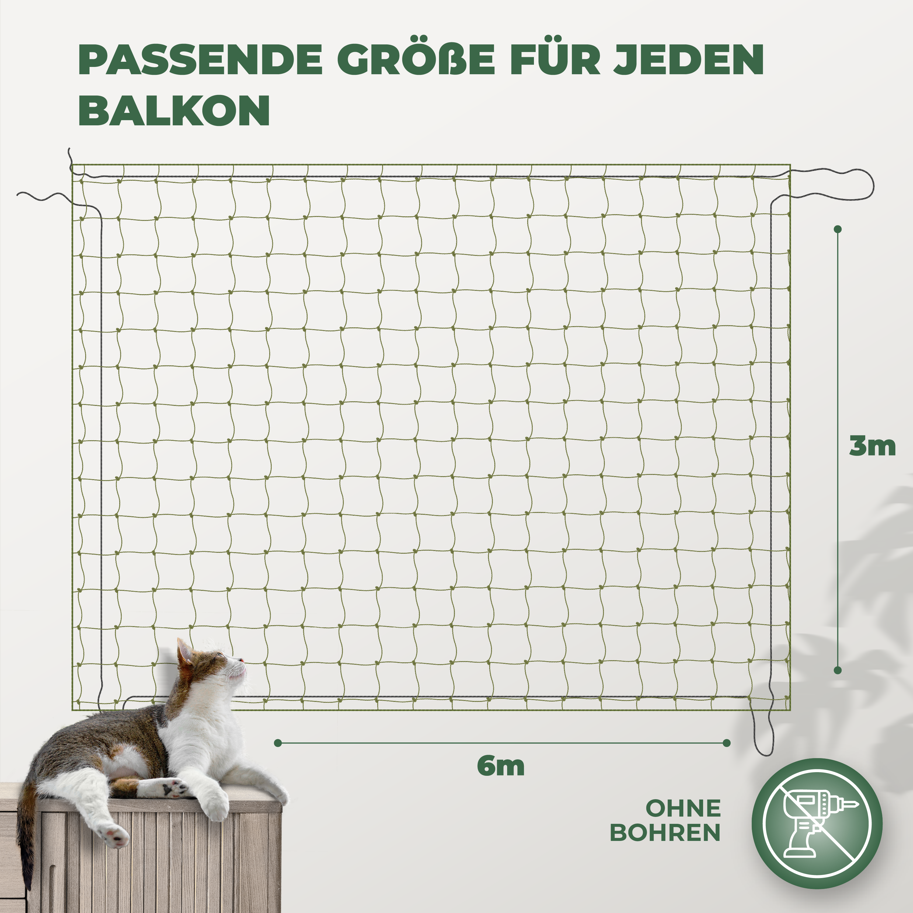 Katzennetz für Balkon (Ohne Bohren)- mit Klebehaken & Silikonkleber (6X3 m)