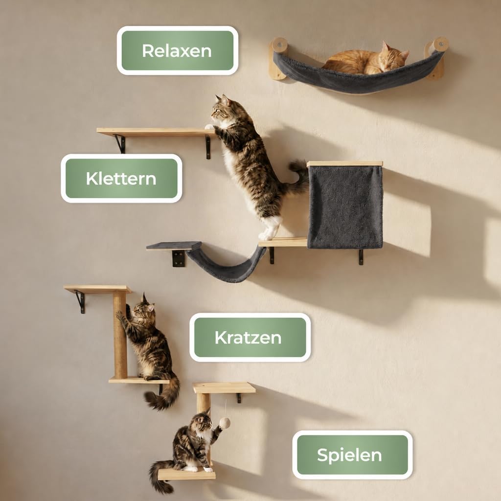 WOOWOOD 12-teilige Kletterwand Katzen XXL Schwarz - Beste Stabilität - Hängematte, Höhle & Kratzsäule, Katze Wandelemente, Katzentreppe Wand, Katzenmöbel