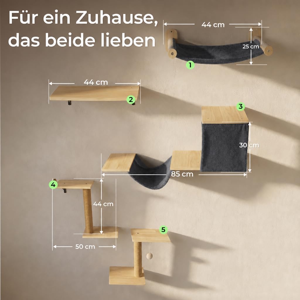 WOOWOOD 12-teilige Kletterwand Katzen XXL Schwarz - Beste Stabilität - Hängematte, Höhle & Kratzsäule, Katze Wandelemente, Katzentreppe Wand, Katzenmöbel
