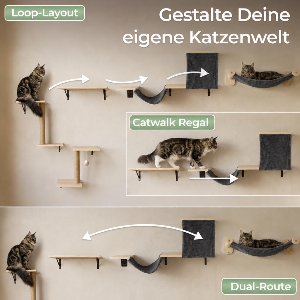 WOOWOOD 12-teilige Kletterwand Katzen XXL Schwarz - Beste Stabilität - Hängematte, Höhle & Kratzsäule, Katze Wandelemente, Katzentreppe Wand, Katzenmöbel