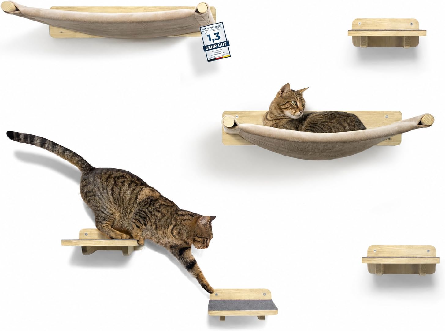 WOOWOOD Katzen Kletterwand 6-teilig mit 2 Hängematten und 4 Katzentreppen