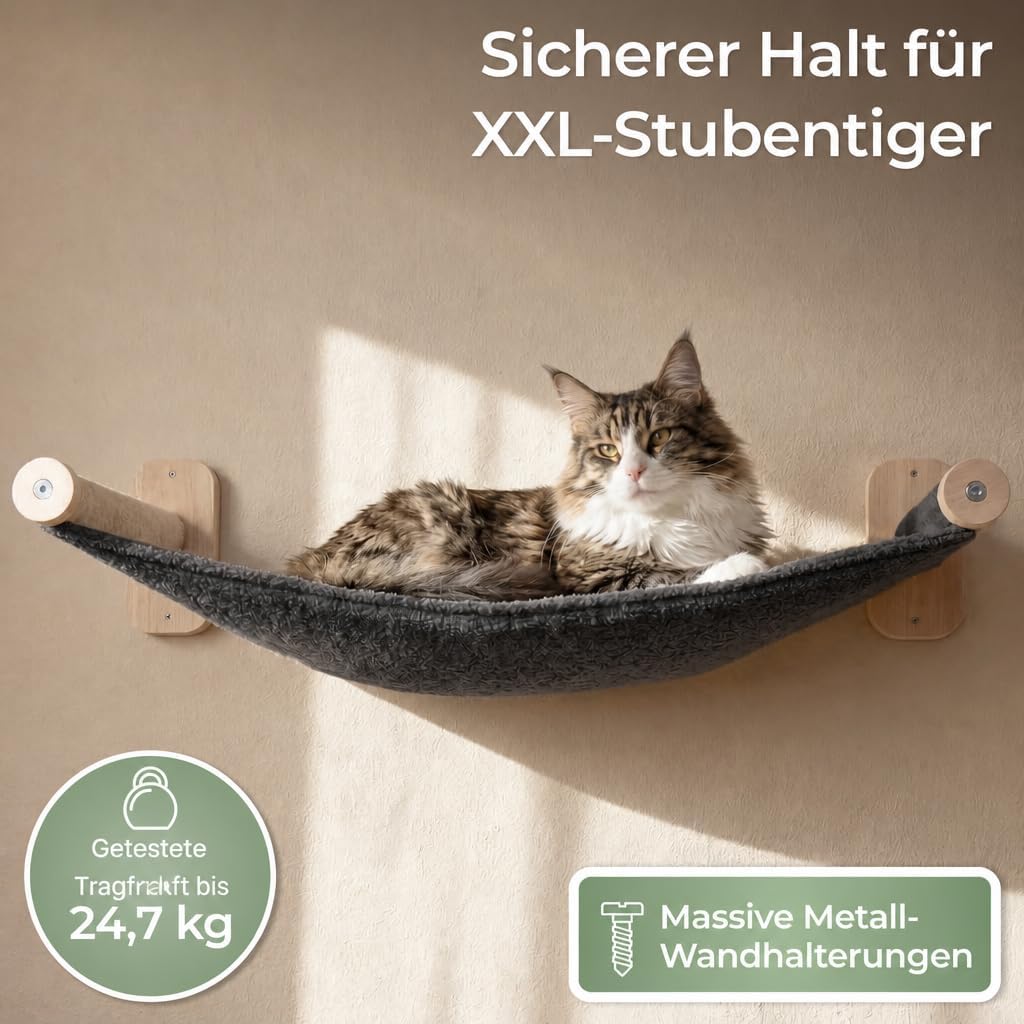 WOOWOOD 12-teilige Kletterwand Katzen XXL Schwarz - Beste Stabilität - Hängematte, Höhle & Kratzsäule, Katze Wandelemente, Katzentreppe Wand, Katzenmöbel