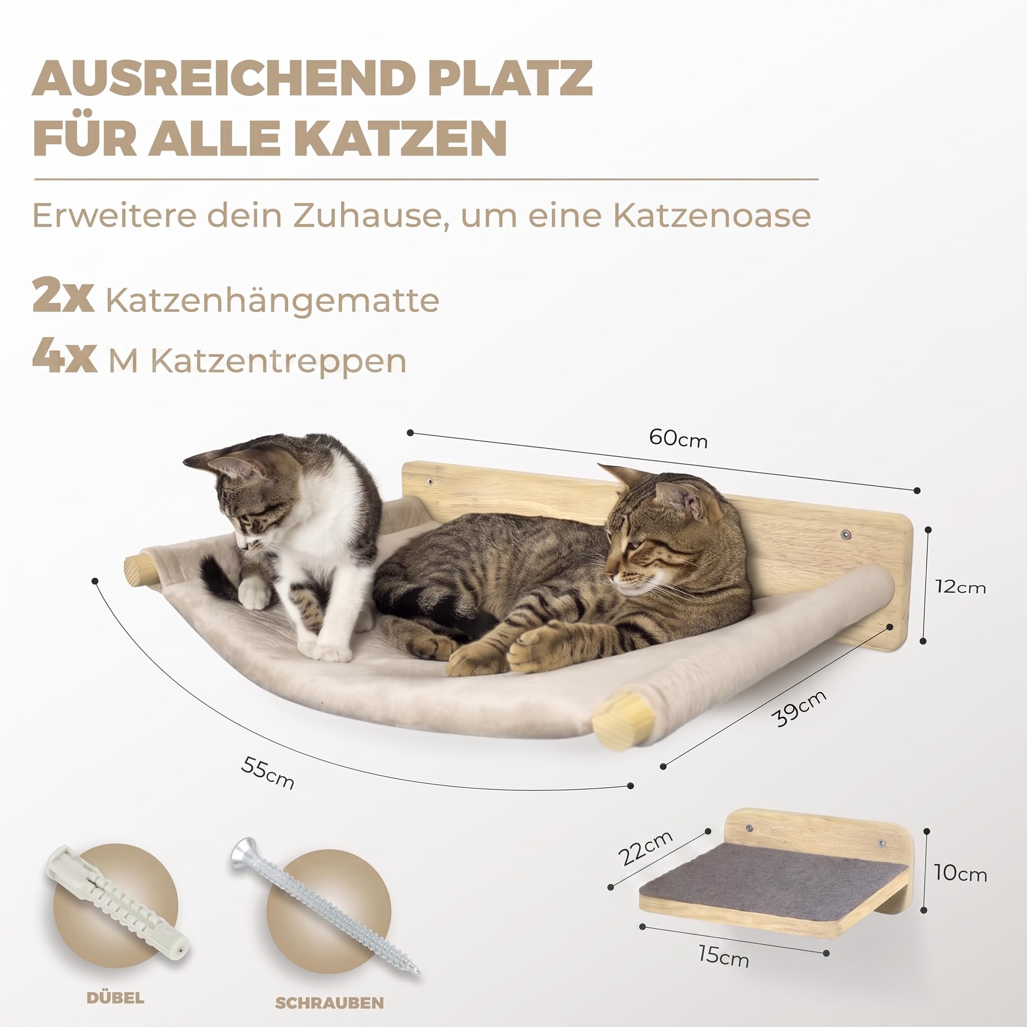 Lieferumfang: 2 Katzenhängematten und 4 Katzentreppen mit Maßen