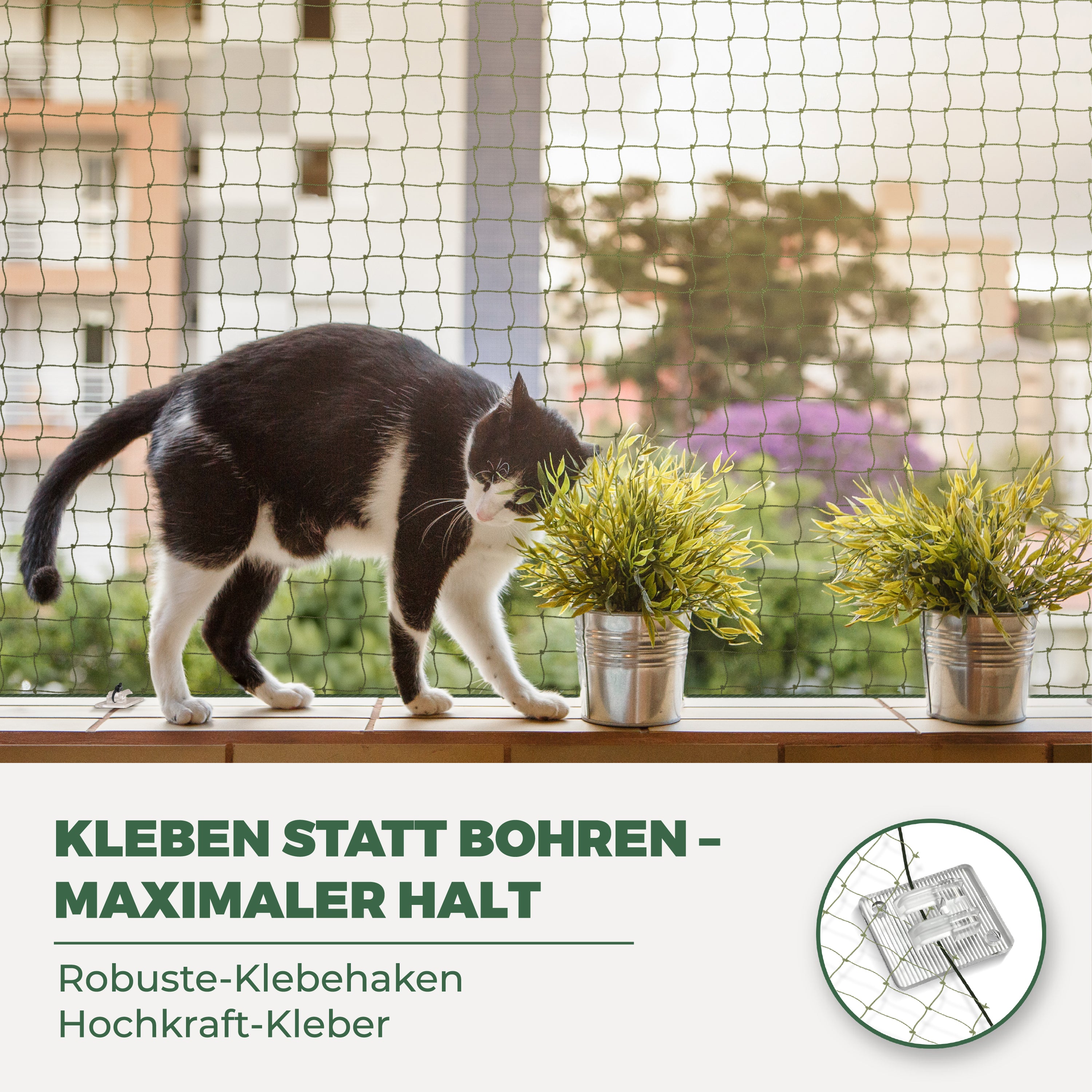 Katzennetz für Balkon (Ohne Bohren)- mit Klebehaken & Silikonkleber (6X3 m)