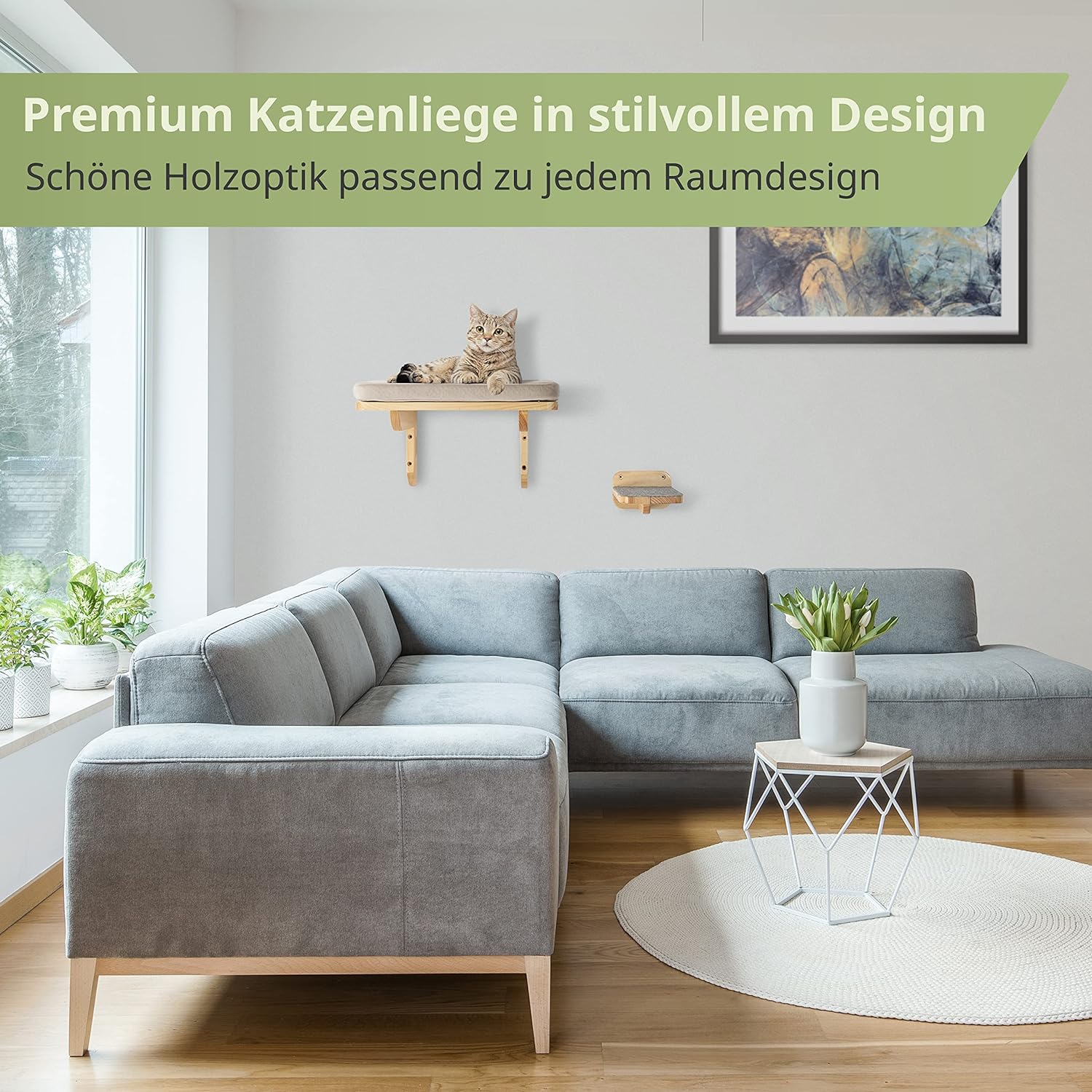 Kletterwand Katzen inkl. 2X Katzentreppen Wand | Naturholz