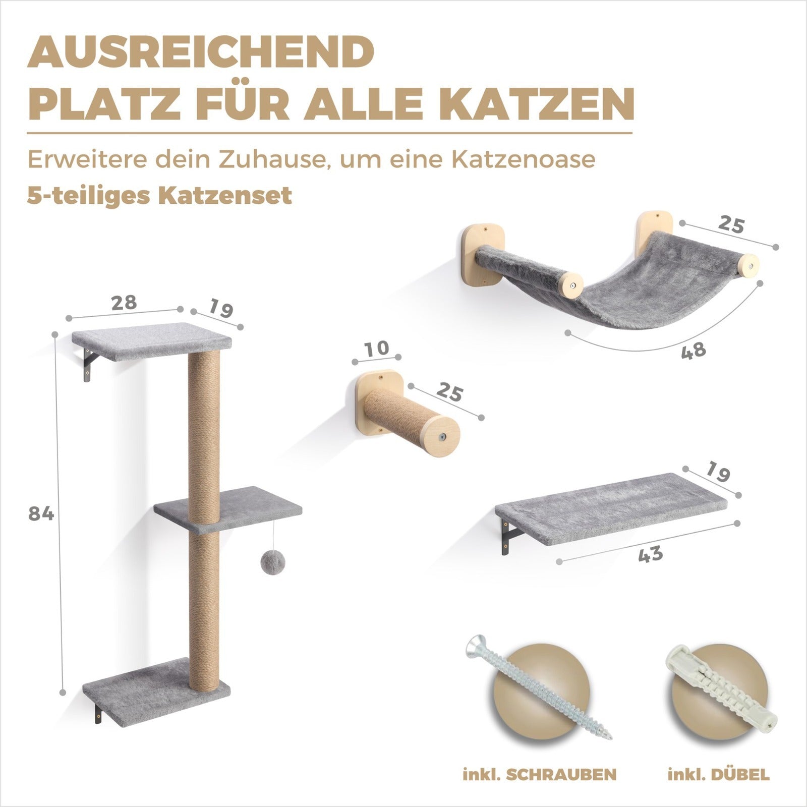 WOOWOOD®️ Kletterwand Katzen Set inkl. Katzentreppe Wand I Kratzbaum Wand I Hängematte Katze I Wandkratzbaum I Katzenmöbel I Katzenwand I Katzen Kletterwand Set (8-teilig)