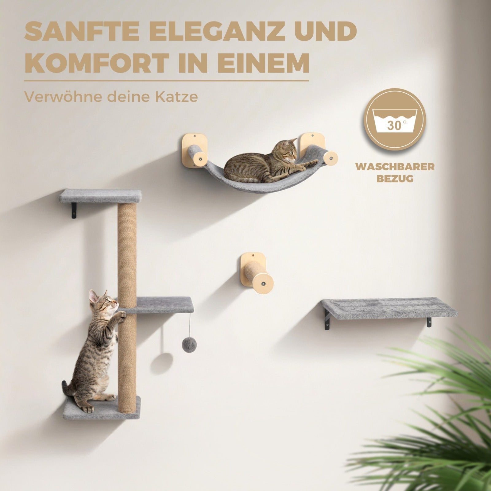 WOOWOOD®️ Kletterwand Katzen Set inkl. Katzentreppe Wand I Kratzbaum Wand I Hängematte Katze I Wandkratzbaum I Katzenmöbel I Katzenwand I Katzen Kletterwand Set (8-teilig)