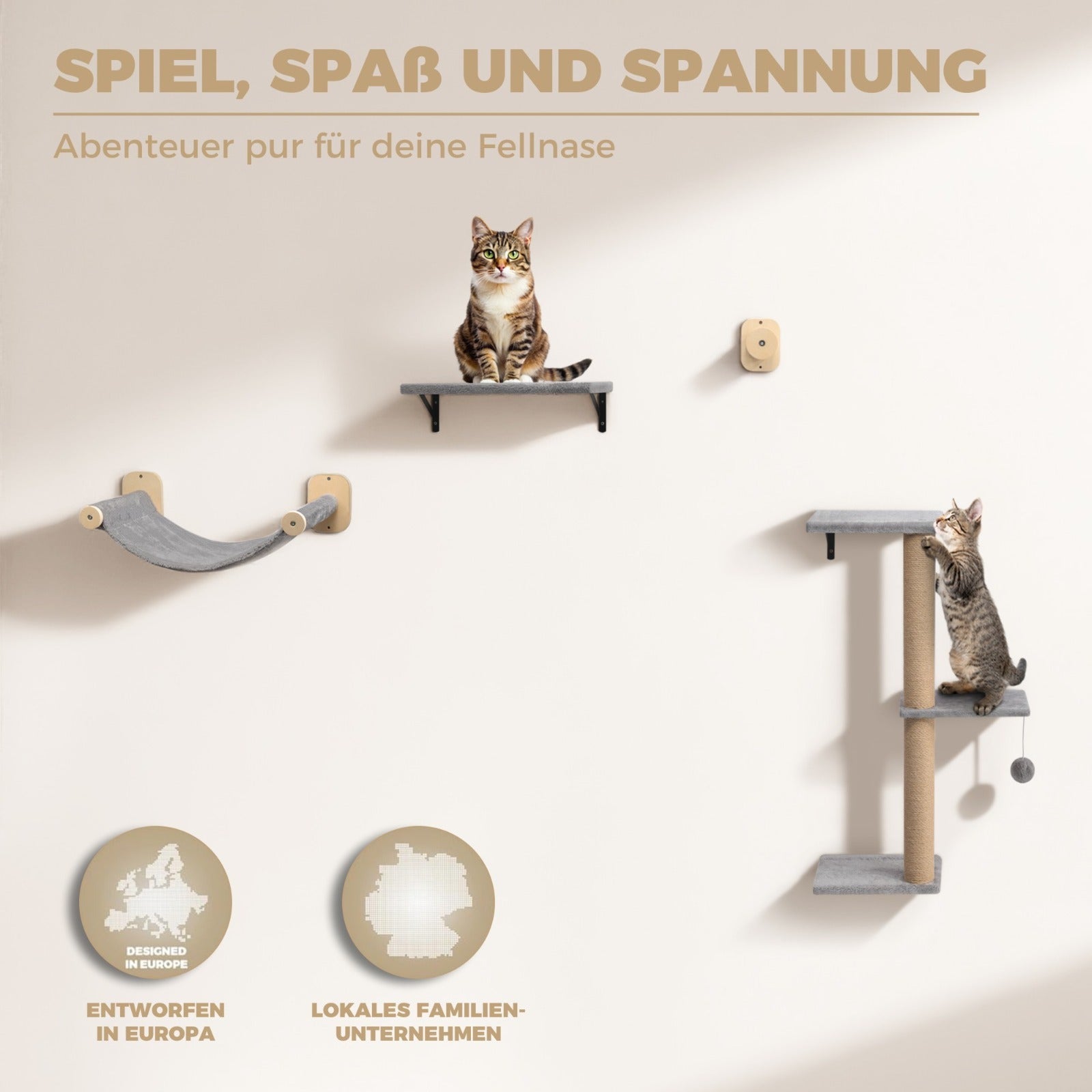 WOOWOOD®️ Kletterwand Katzen Set inkl. Katzentreppe Wand I Kratzbaum Wand I Hängematte Katze I Wandkratzbaum I Katzenmöbel I Katzenwand I Katzen Kletterwand Set (8-teilig)