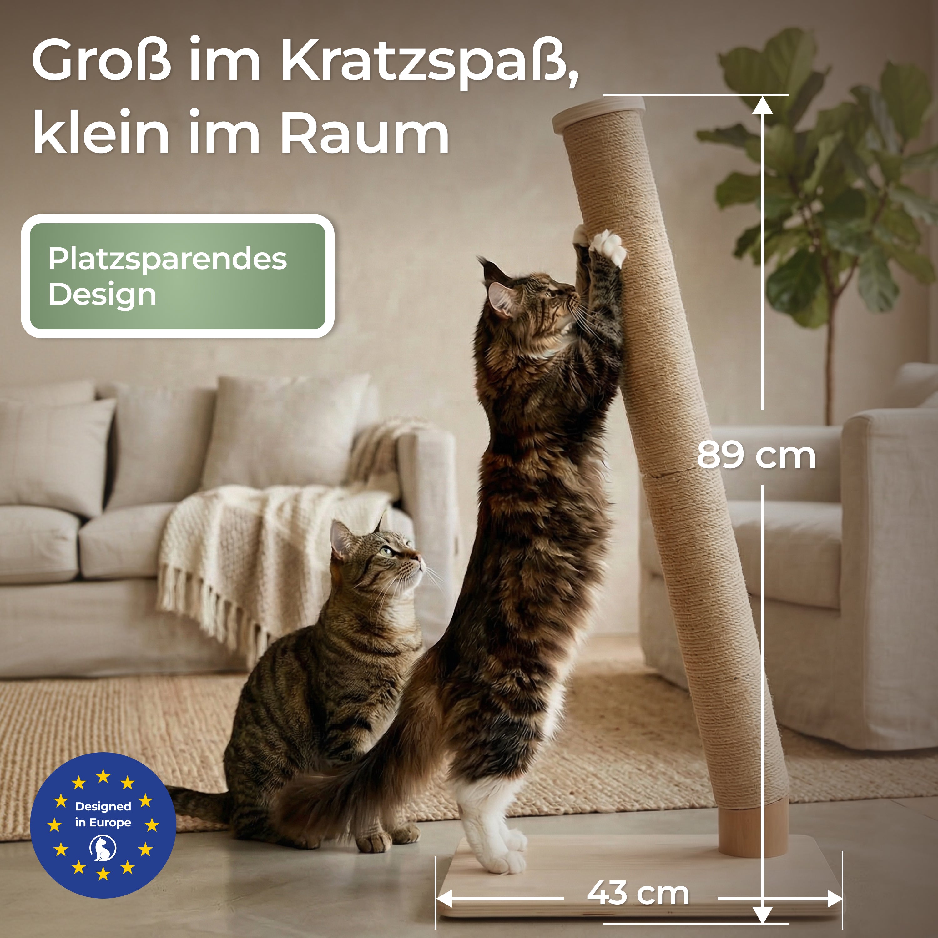 WOOWOOD Katzenkratzsäule - Kratzbaum Holz 89 cm