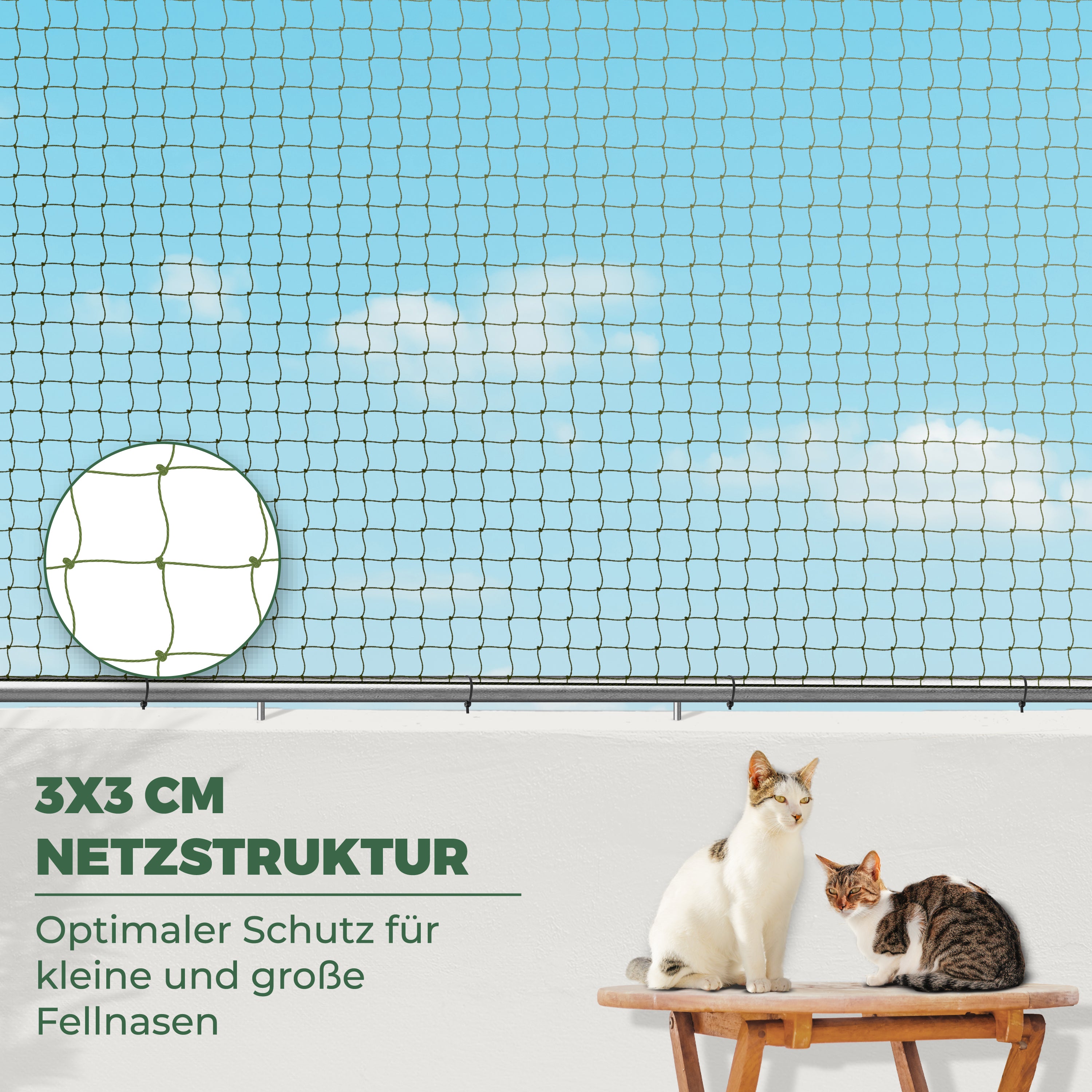 Katzennetz für Balkon (Ohne Bohren)- mit Klebehaken & Silikonkleber (6X3 m)