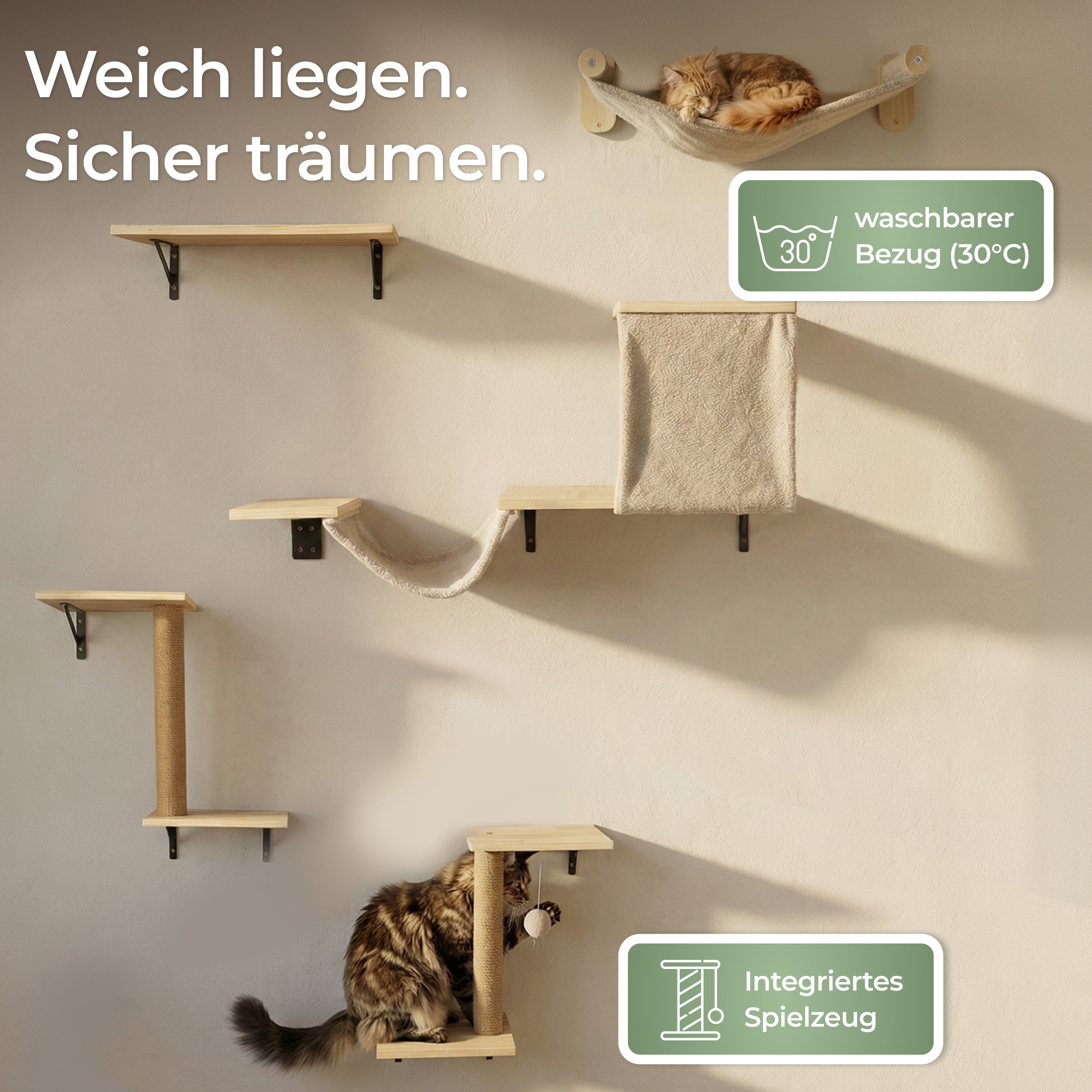 WOOWOOD 12-teilige Kletterwand Katzen - Beste Stabilität - Kratzbaum Katze aus Naturholz, Katzen Hängematte, Katze Wandelemente, Kratzbaum Klein, Katzenwand, Katzentreppe Wand, Katzenmöbel