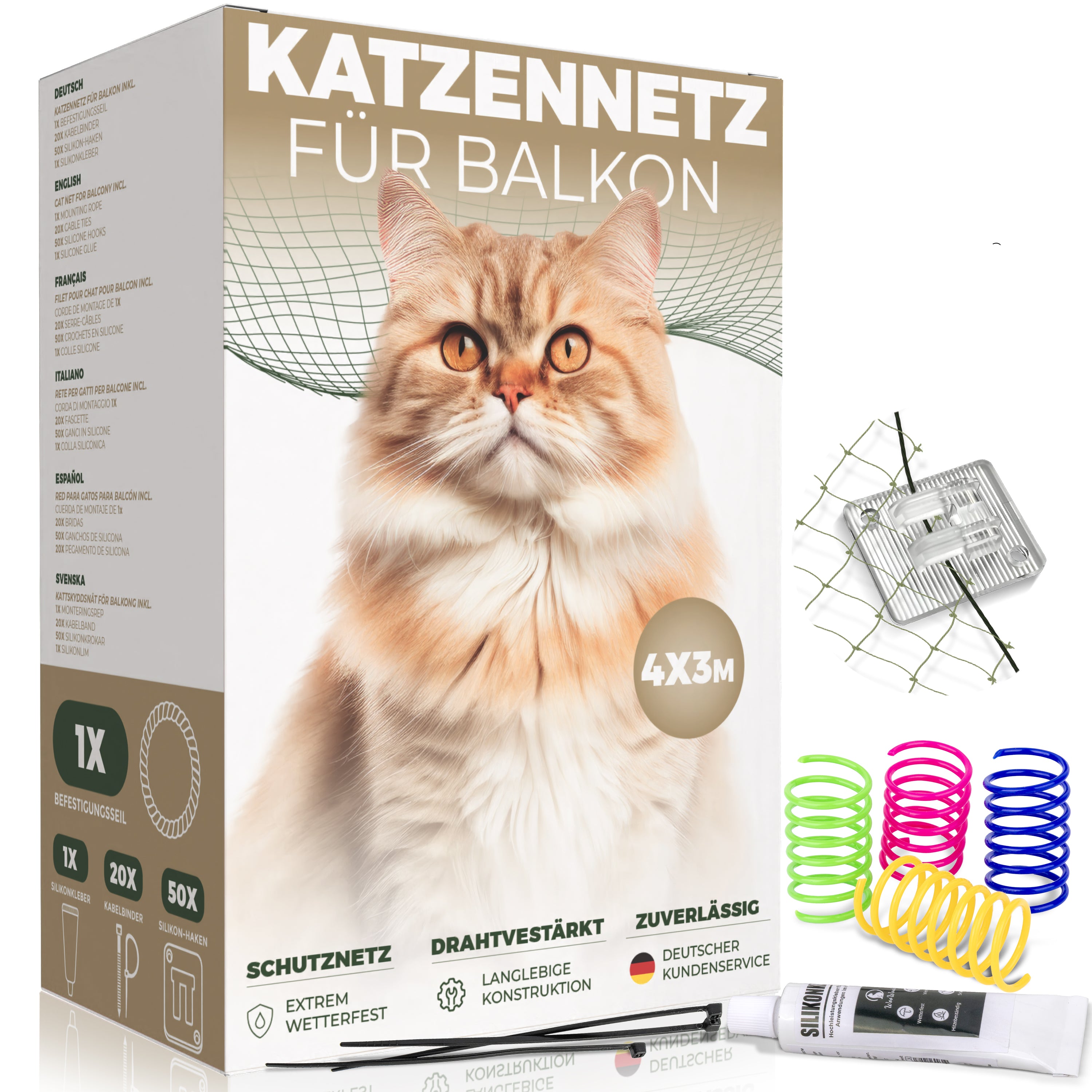 Katzennetz für Balkon (Ohne Bohren)- mit Klebehaken & Silikonkleber (4X3 m)