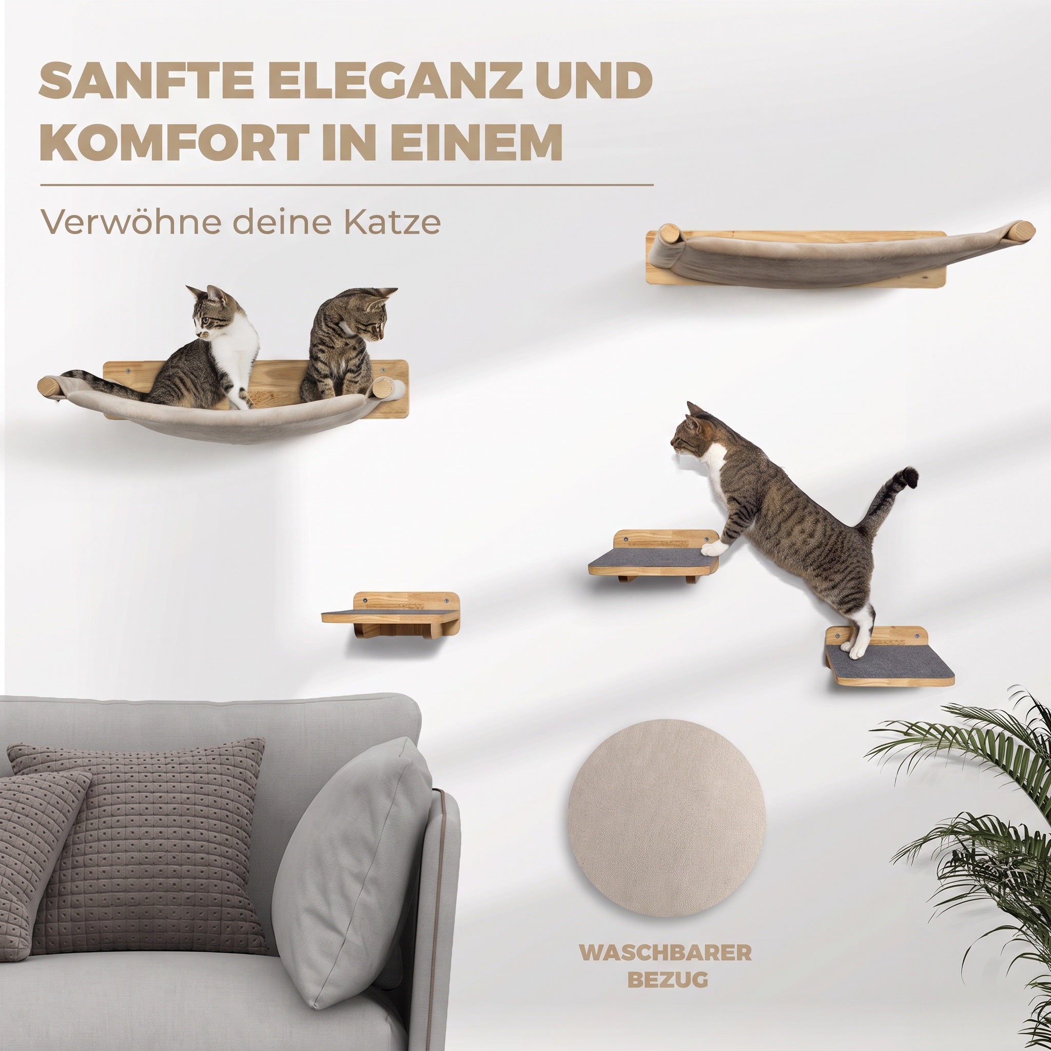 Kletterwand-Katzenhängematte Set aus Massivholz inkl. 2 Hängematten & 3X Katzentreppen