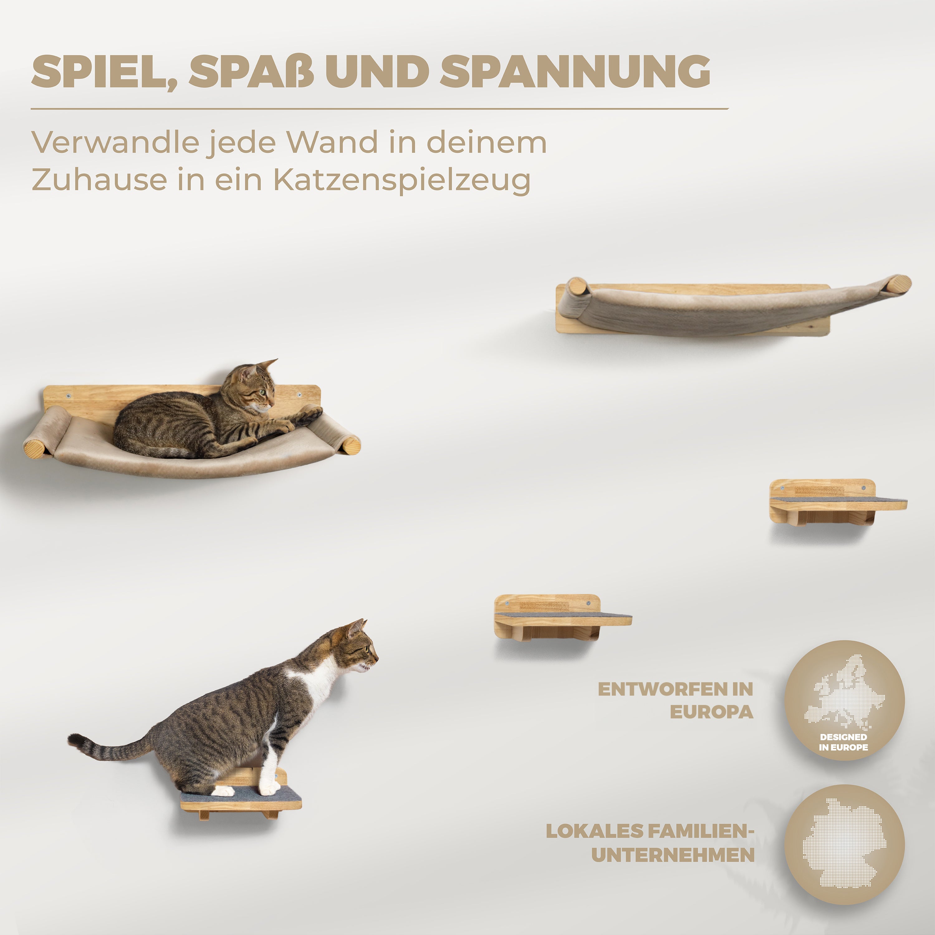 Kletterwand-Katzenhängematte Set aus Massivholz inkl. 2 Hängematten & 3X Katzentreppen