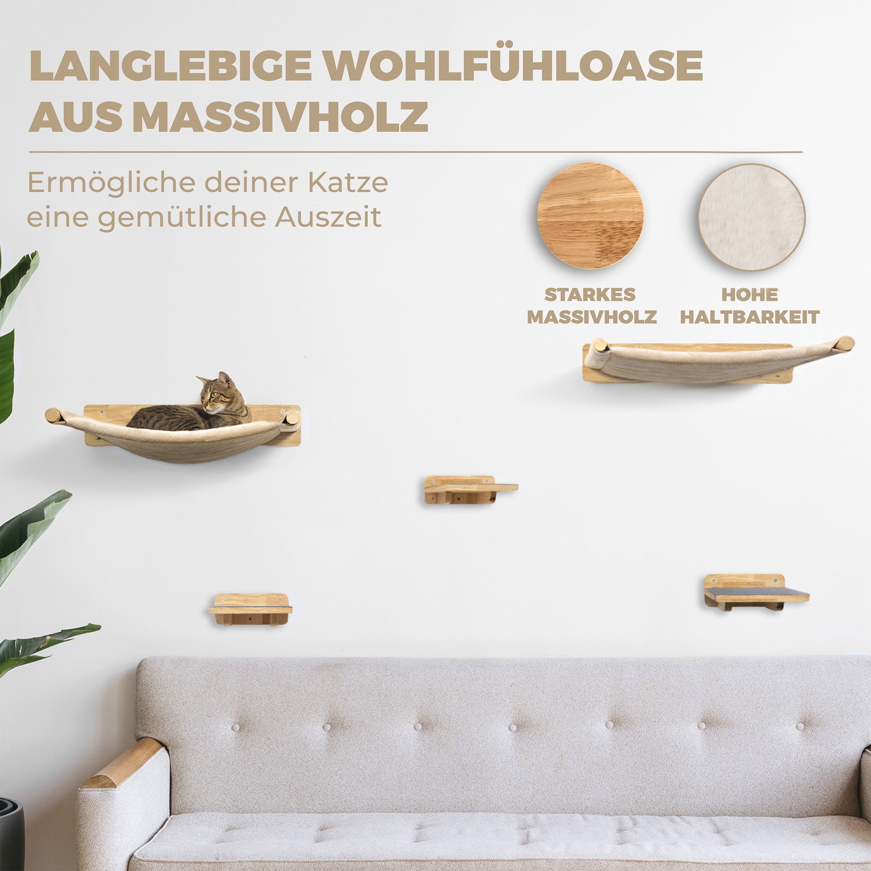 Kletterwand-Katzenhängematte Set aus Massivholz inkl. 2 Hängematten & 3X Katzentreppen