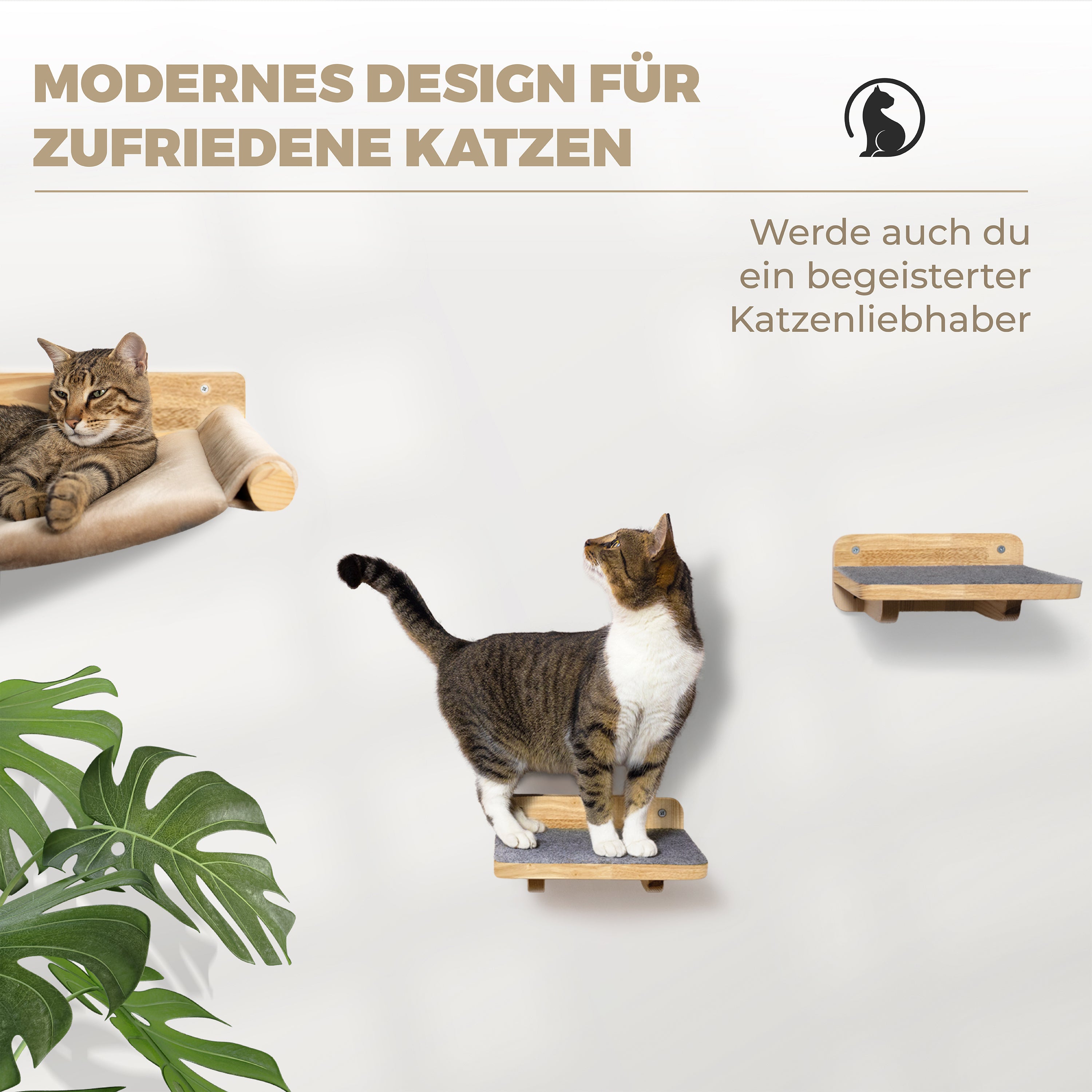 Kletterwand-Katzenhängematte Set aus Massivholz inkl. 2 Hängematten & 3X Katzentreppen