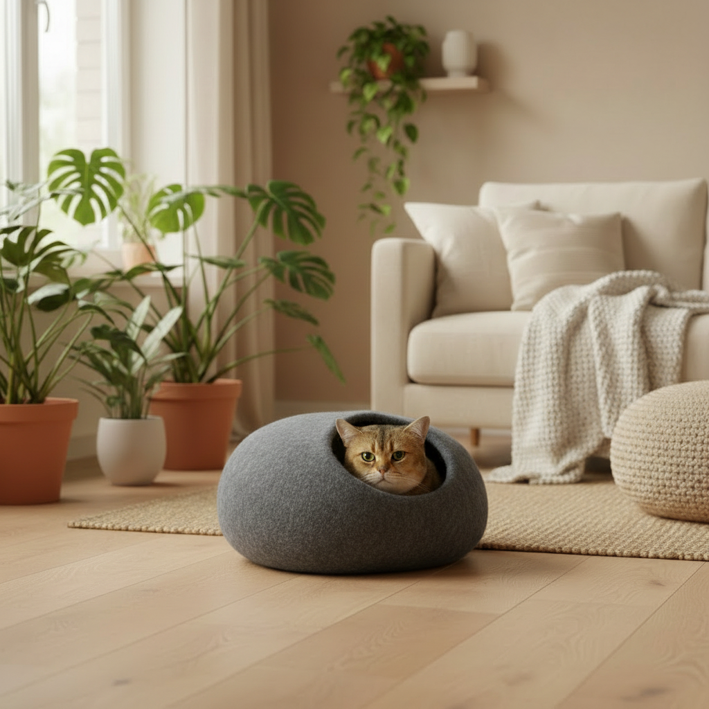 Cosy Cave Anthrazit im gemütlichen Wohnzimmer mit goldener Katze