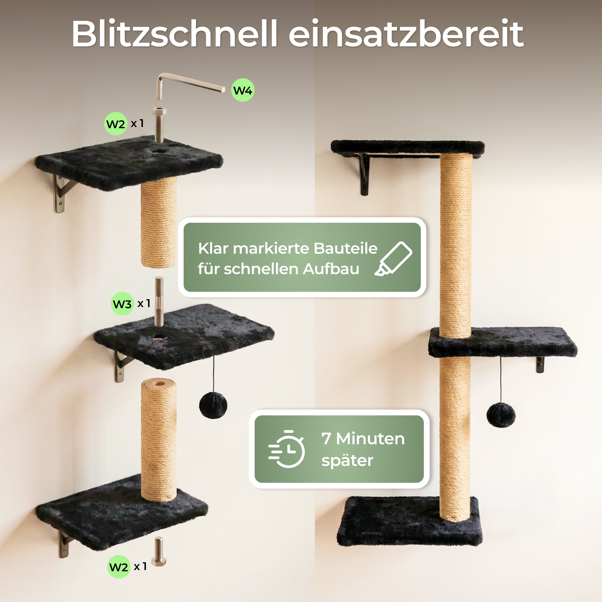 WOOWOOD®️ Kletterwand Katzen Set inkl. Katzentreppe Wand I Kratzbaum Wand I Hängematte Katze I Wandkratzbaum I Katzenmöbel I Katzenwand I Katzen Kletterwand Set (8-teilig)