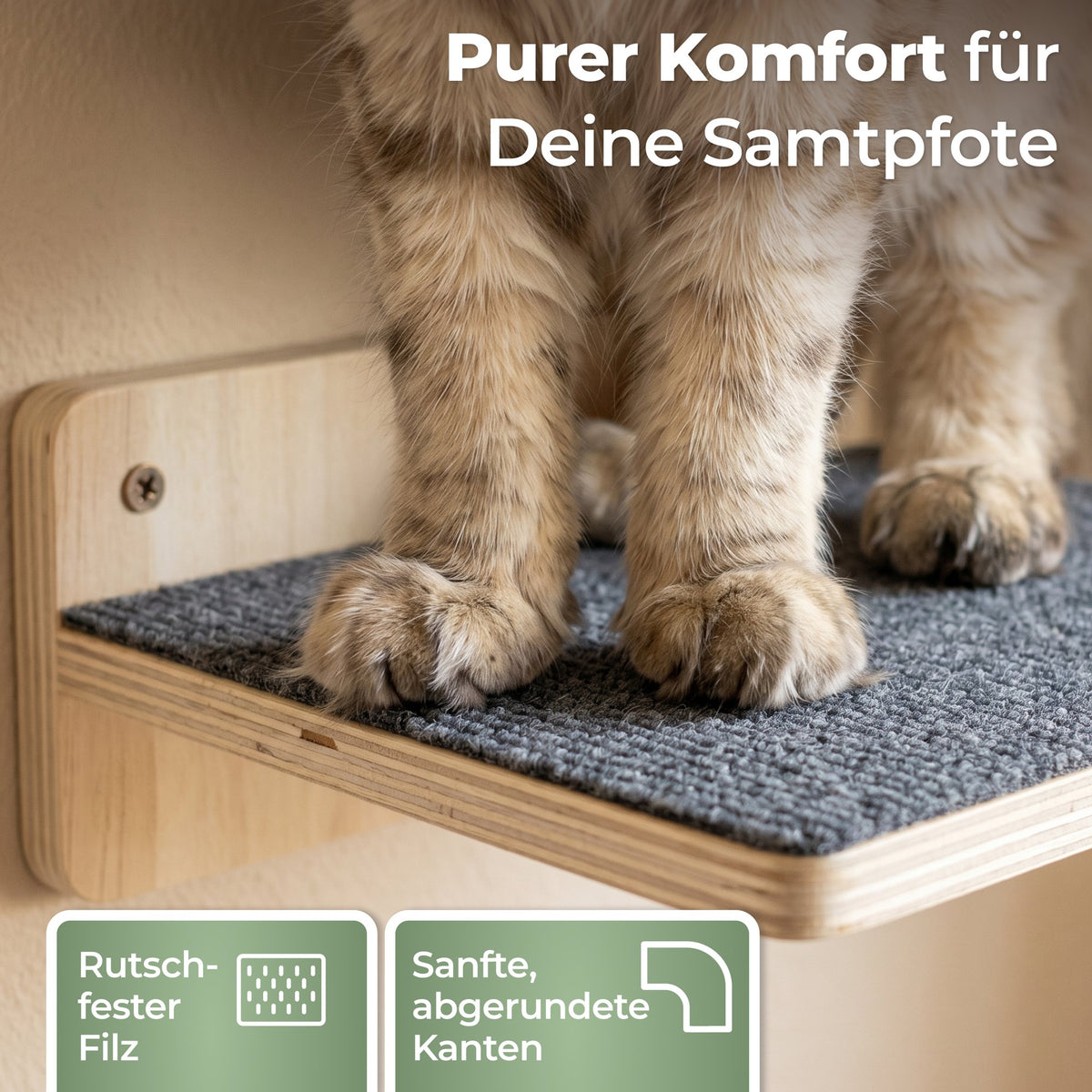Rutschfester Filz und abgerundete Kanten auf den Katzentreppen