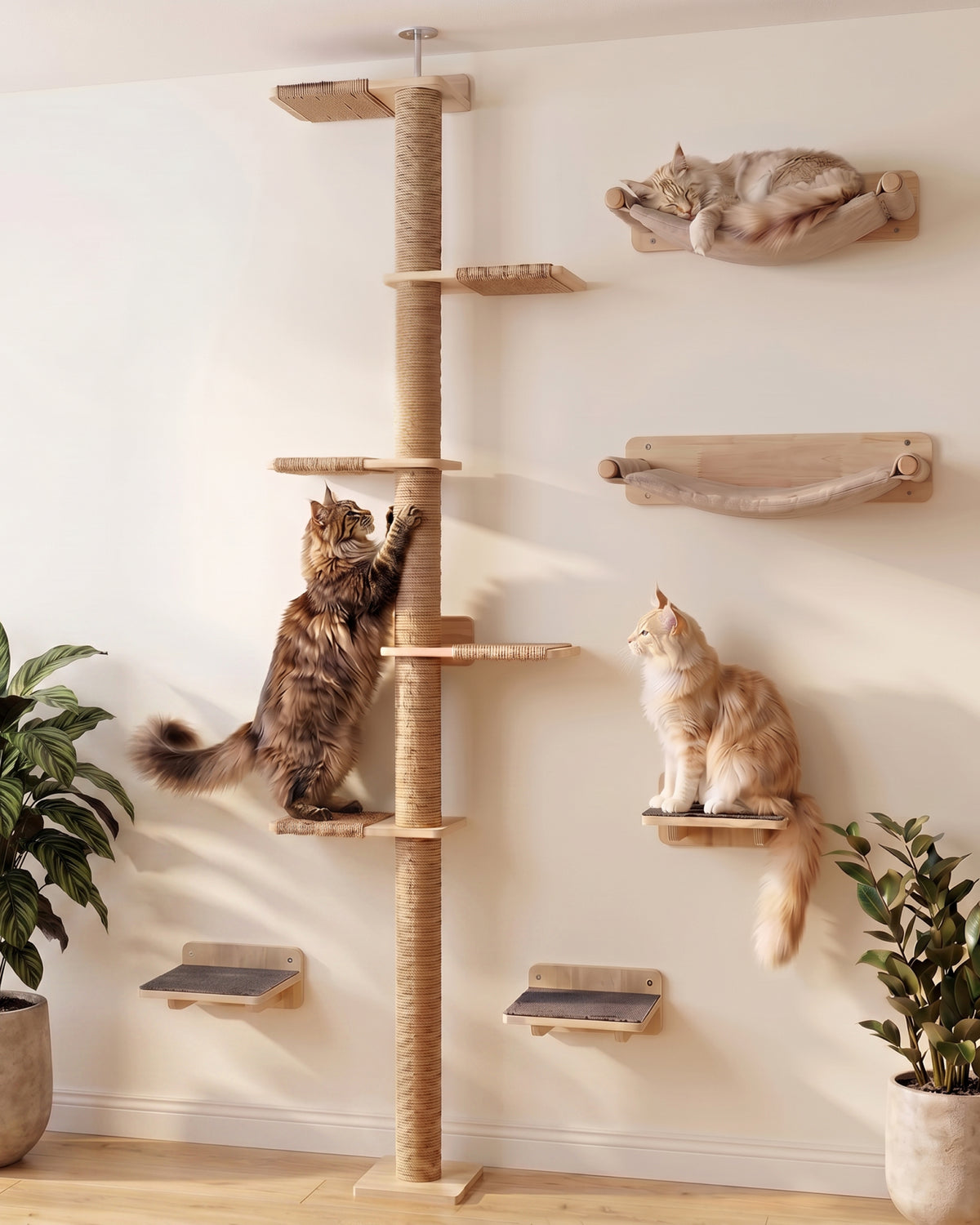 WOOWOOD Katzen Kletterwand 6-teilig mit 2 Hängematten, Wandkratzbaum und 3 Katzentreppen