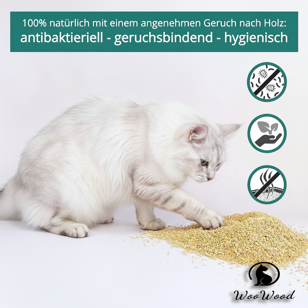 WOOWOOD® Klumpendes Bio-Katzenstreu aus Holz [100 % Natürlich] – pflanzlich & kompostierbar – in der Toilette entsorgbar (Fein, 10 L)