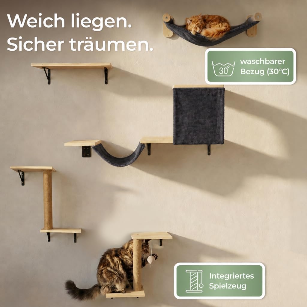WOOWOOD 12-teilige Kletterwand Katzen XXL Schwarz - Beste Stabilität - Hängematte, Höhle & Kratzsäule, Katze Wandelemente, Katzentreppe Wand, Katzenmöbel