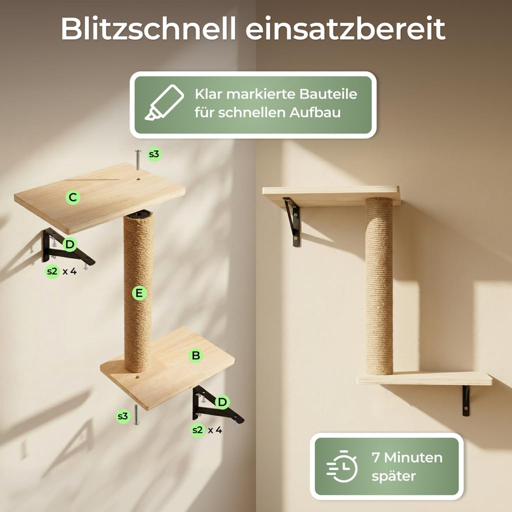 WOOWOOD 12-teilige Kletterwand Katzen XXL Schwarz - Beste Stabilität - Hängematte, Höhle & Kratzsäule, Katze Wandelemente, Katzentreppe Wand, Katzenmöbel