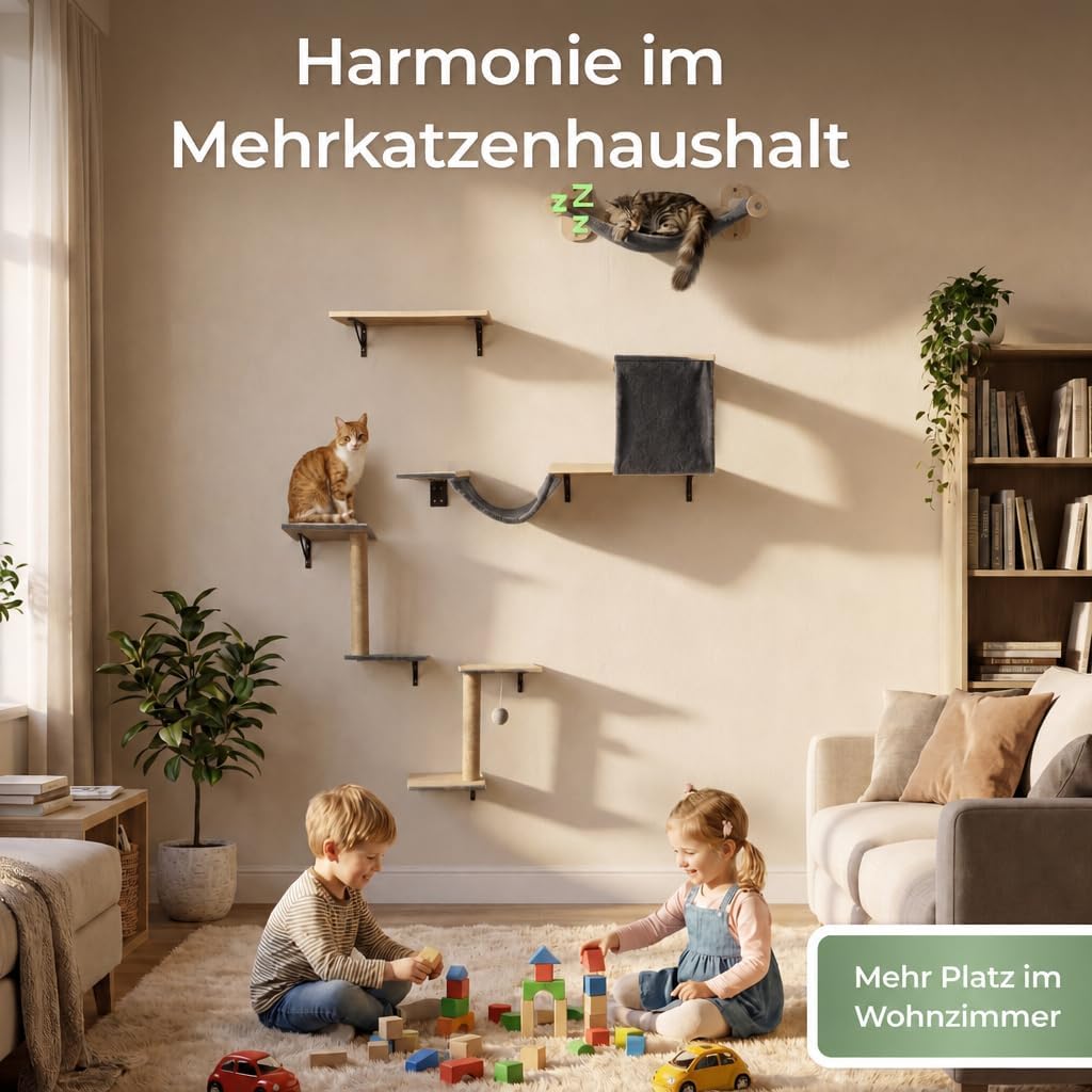 WOOWOOD 12-teilige Kletterwand Katzen XXL Schwarz - Beste Stabilität - Hängematte, Höhle & Kratzsäule, Katze Wandelemente, Katzentreppe Wand, Katzenmöbel