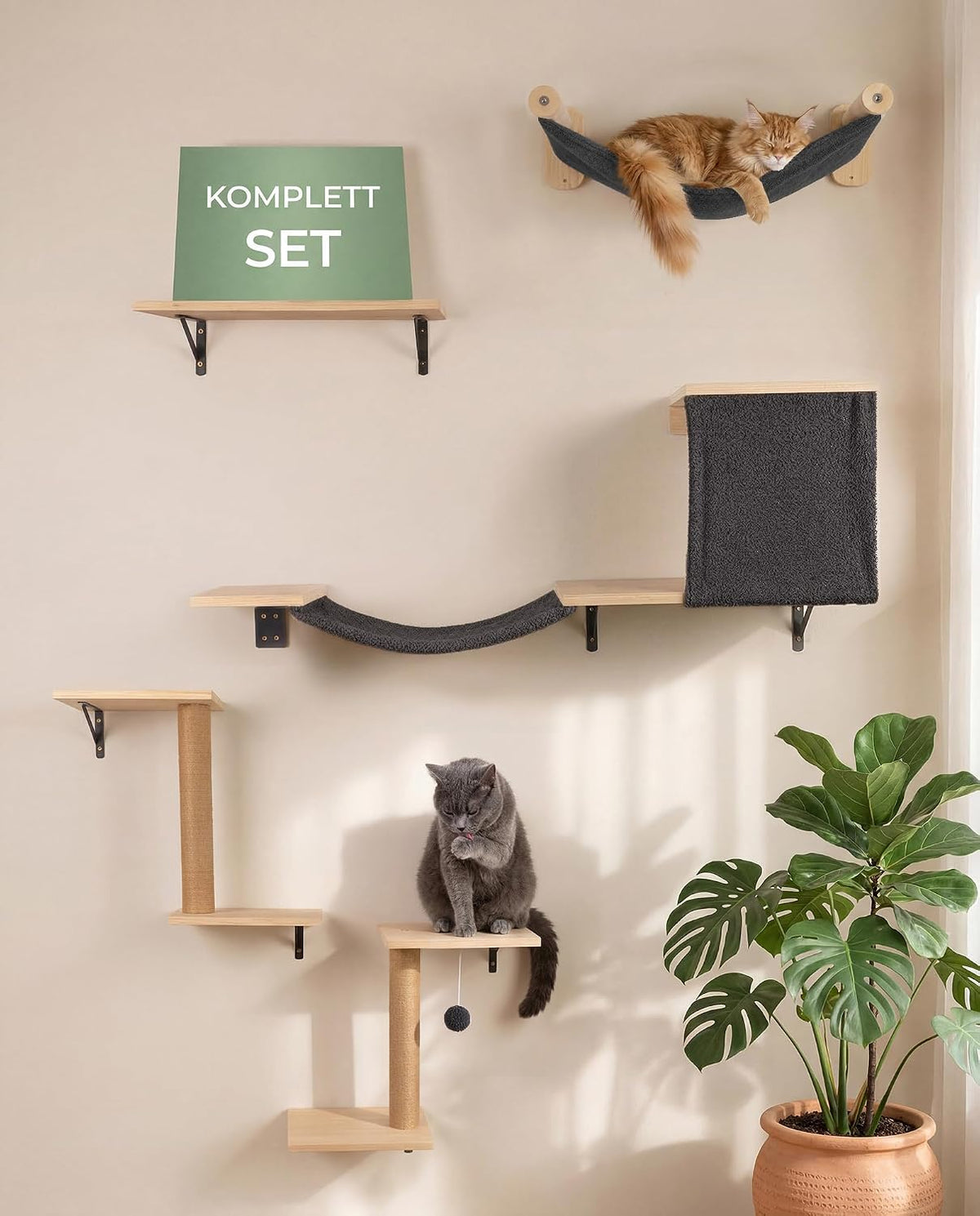 WOOWOOD 12-teilige Kletterwand Katzen XXL Schwarz - Beste Stabilität - Hängematte, Höhle & Kratzsäule, Katze Wandelemente, Katzentreppe Wand, Katzenmöbel