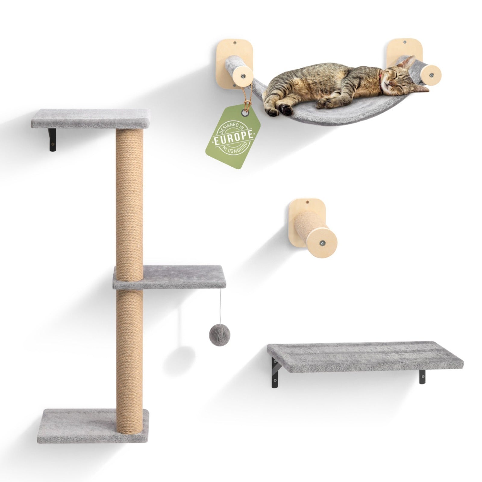 WOOWOOD®️ Kletterwand Katzen Set inkl. Katzentreppe Wand I Kratzbaum Wand I Hängematte Katze I Wandkratzbaum I Katzenmöbel I Katzenwand I Katzen Kletterwand Set (8-teilig)