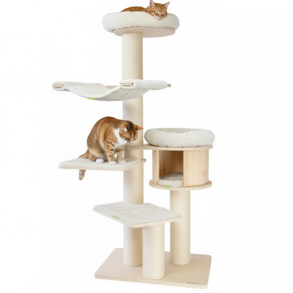 Hochwertiger Kratzbaum aus Holz – stabiler Design-Kratzbaum mit 15 cm Sisalstämmen, massiver Bodenplatte & waschbaren Bezügen