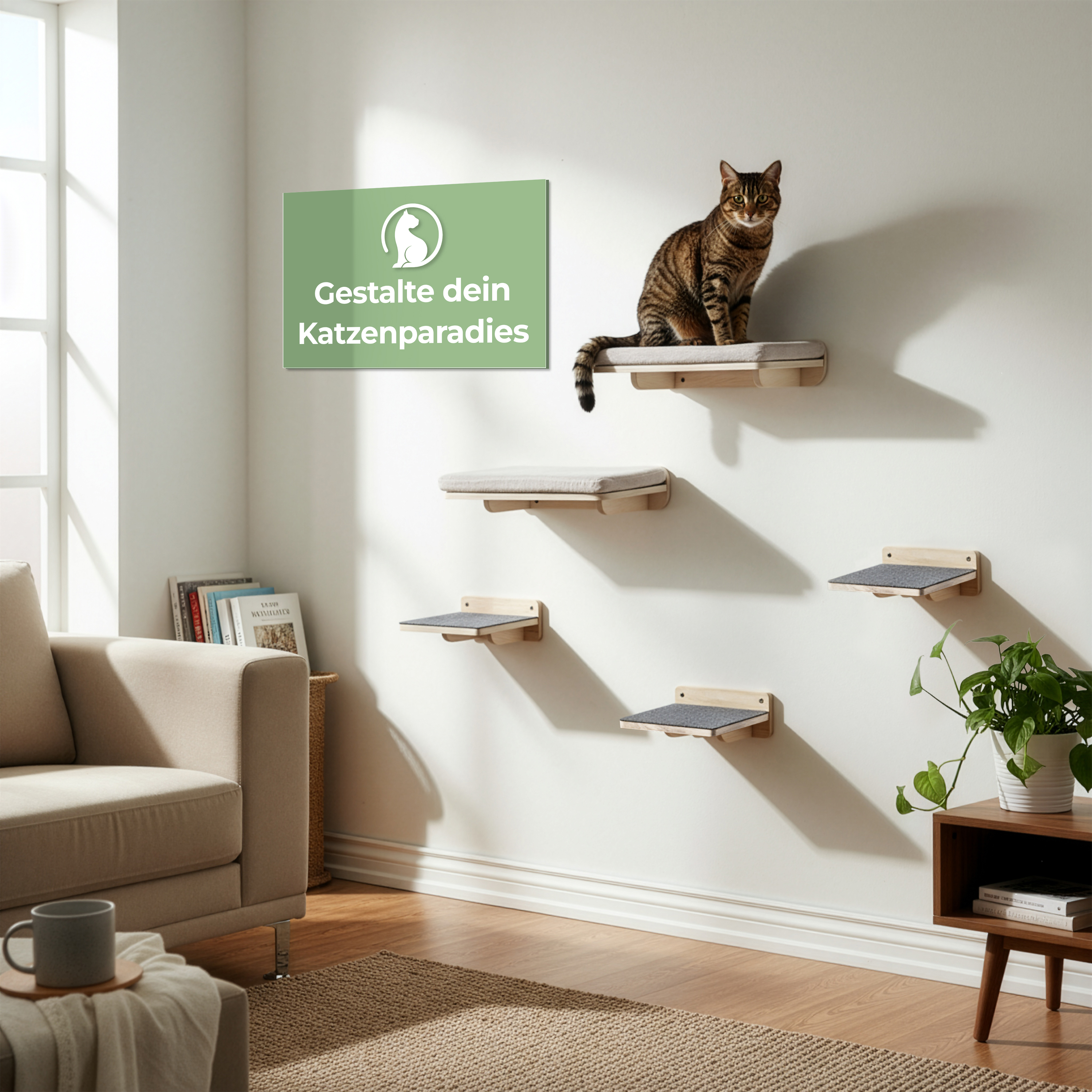 WOOWOOD® COMFY SET - 2X Wandliege Katzen - 2X Katzentreppe Wand [Vollholz] - Katzen Kletterwand Set (5 teilig)