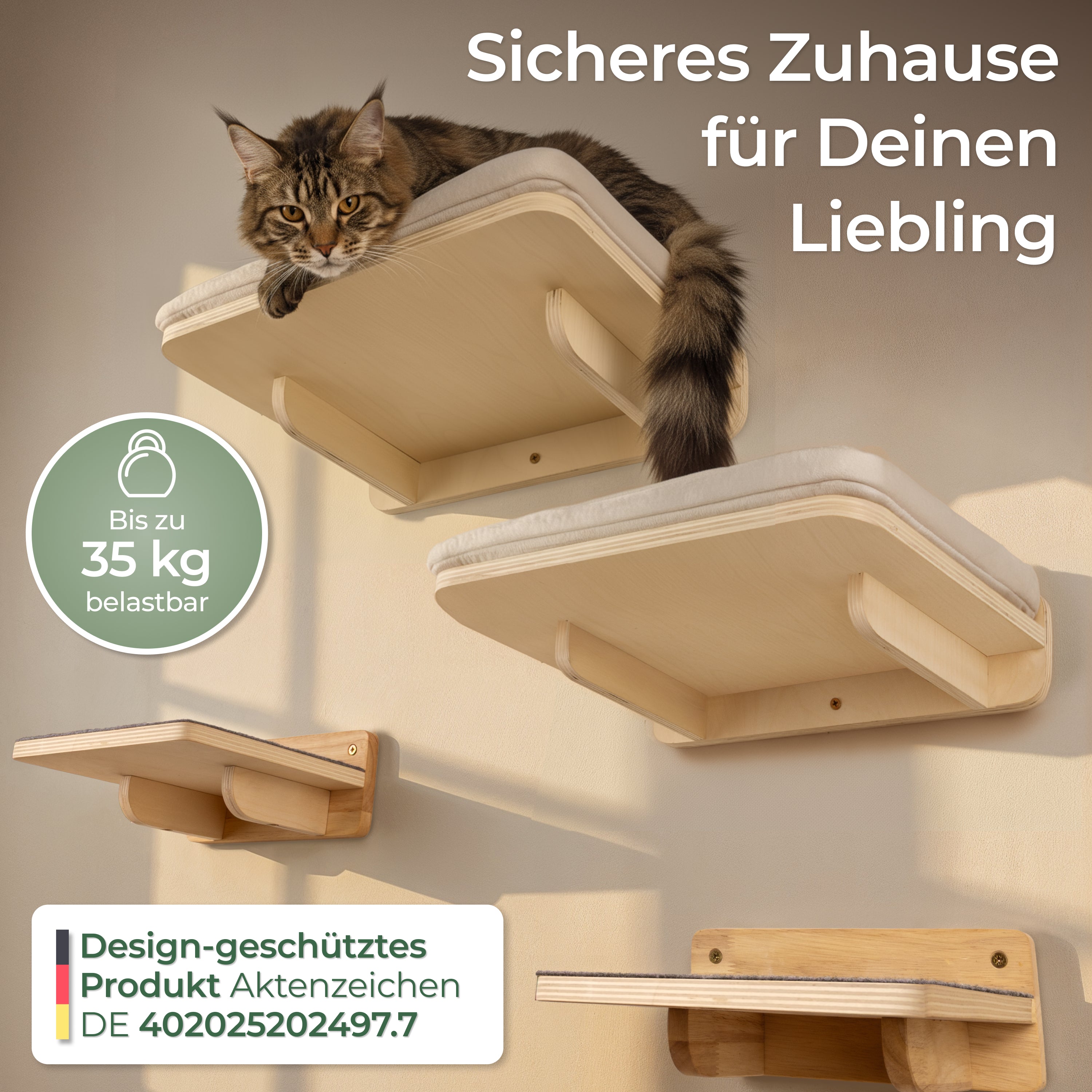 WOOWOOD® COMFY SET - 2X Wandliege Katzen - 2X Katzentreppe Wand [Vollholz] - Katzen Kletterwand Set (5 teilig)
