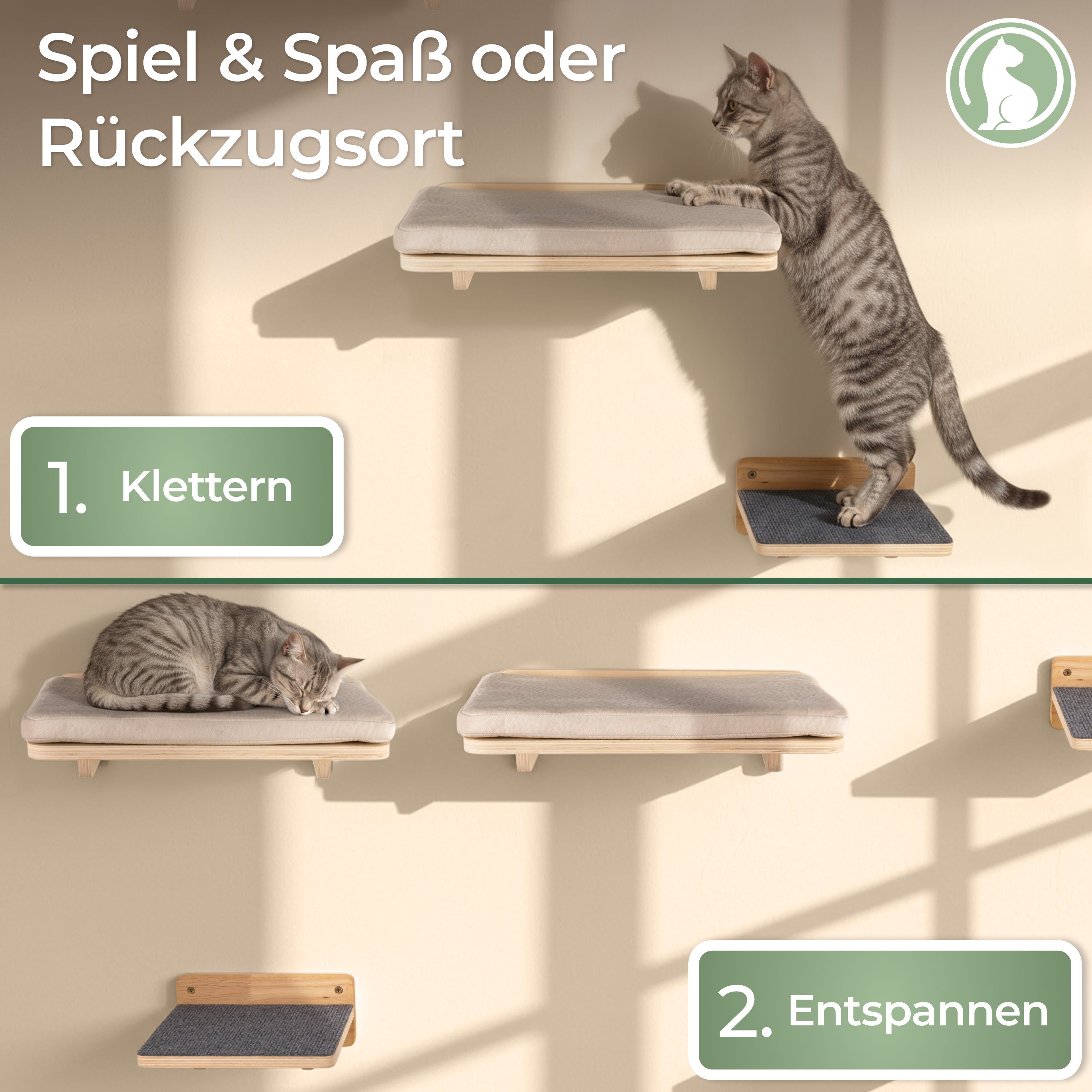 WOOWOOD® COMFY SET - 2X Wandliege Katzen - 2X Katzentreppe Wand [Vollholz] - Katzen Kletterwand Set (5 teilig)