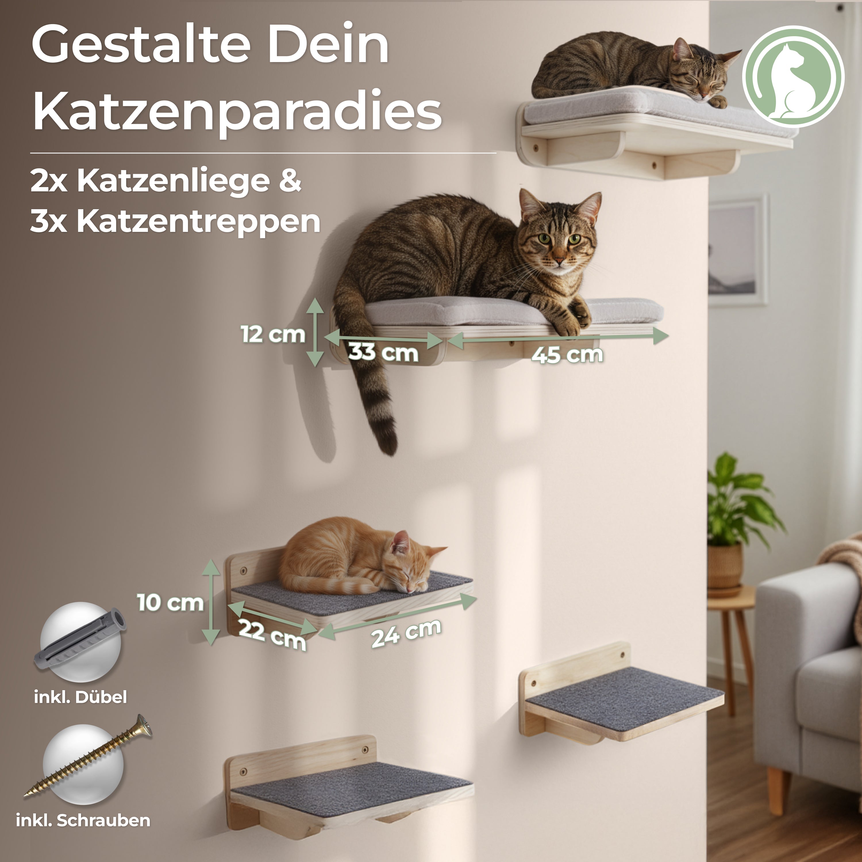 WOOWOOD® COMFY SET - 2X Wandliege Katzen - 2X Katzentreppe Wand [Vollholz] - Katzen Kletterwand Set (5 teilig)