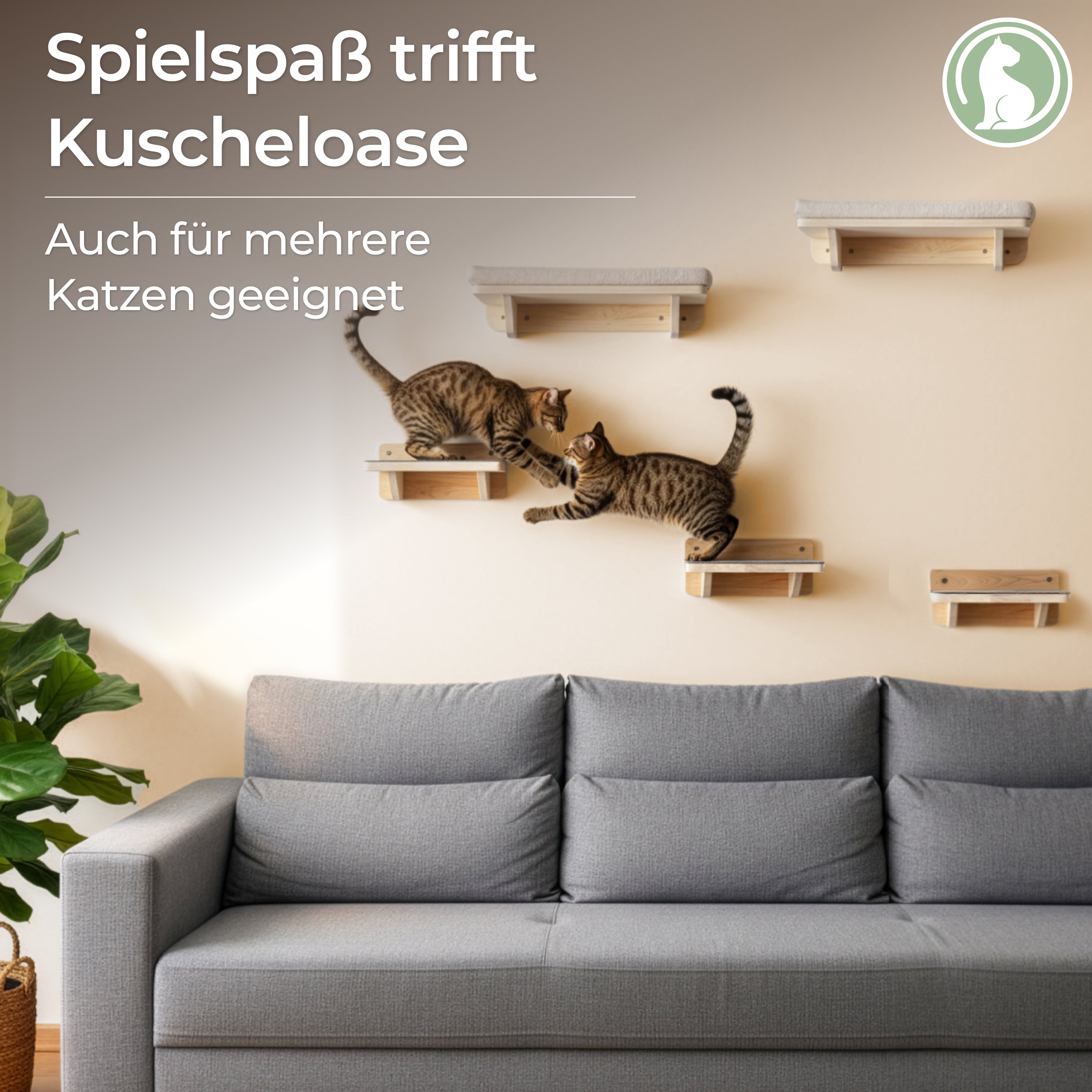 WOOWOOD® COMFY SET - 2X Wandliege Katzen - 2X Katzentreppe Wand [Vollholz] - Katzen Kletterwand Set (5 teilig)