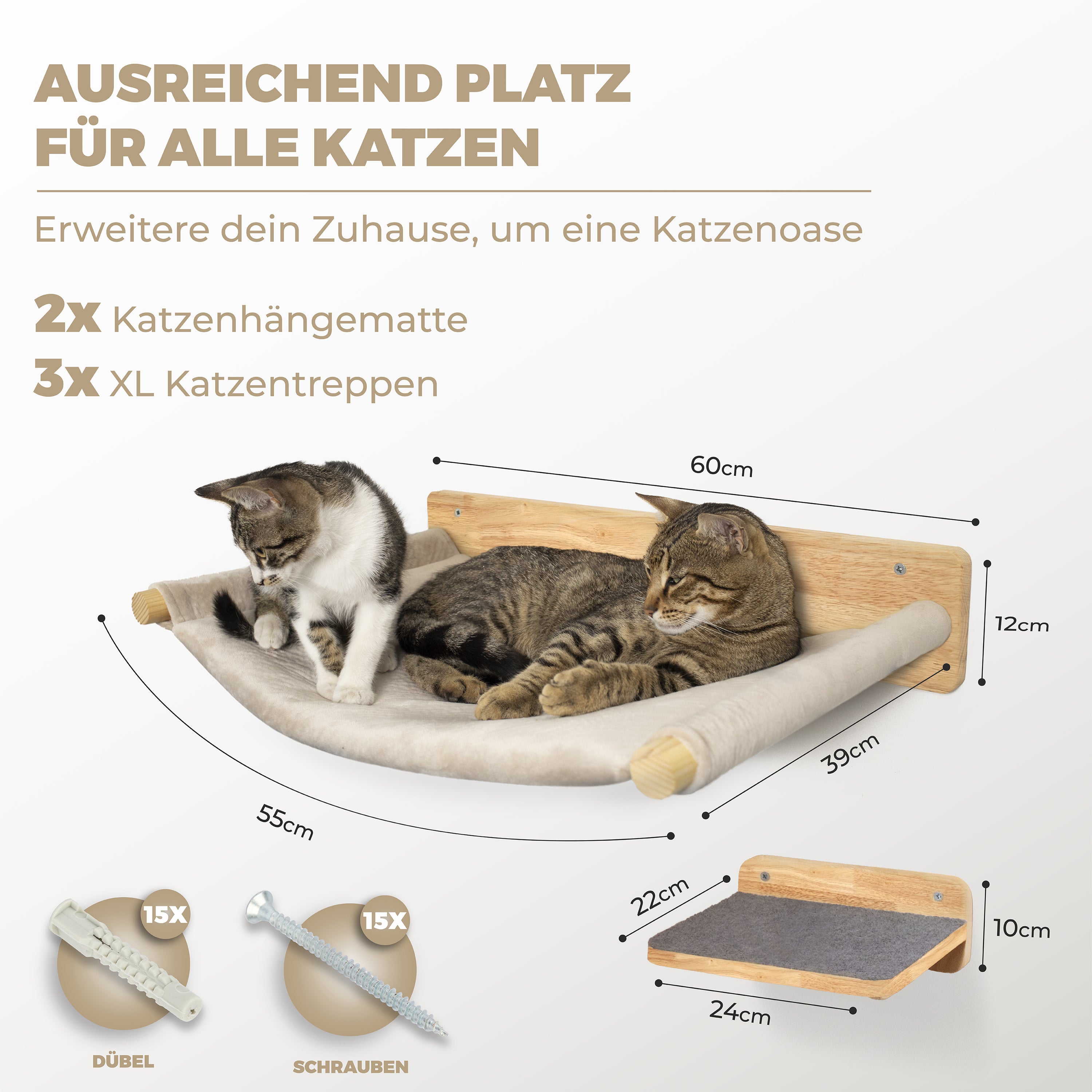 Kletterwand-Katzenhängematte Set aus Massivholz inkl. 2 Hängematten & 3X Katzentreppen