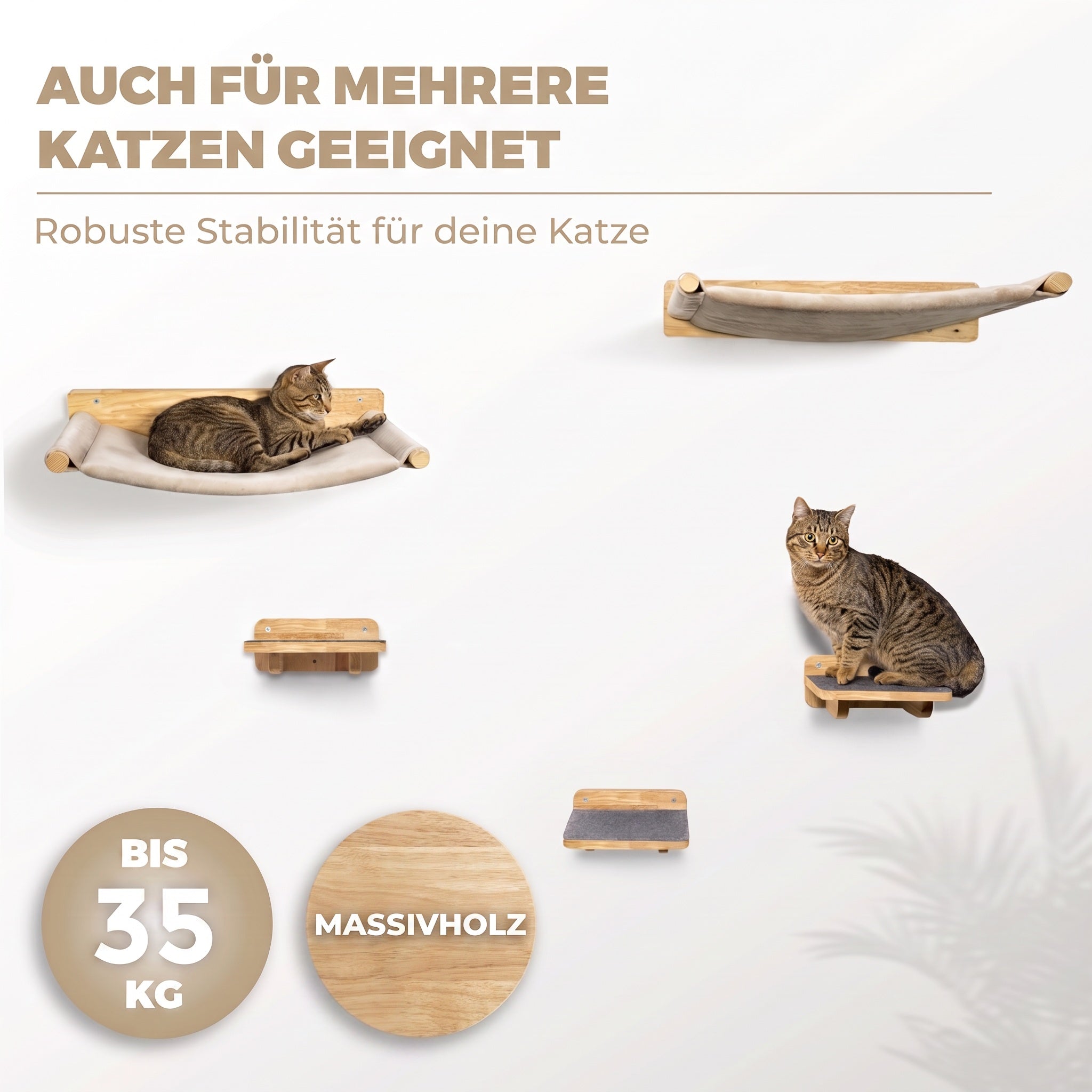 Kletterwand-Katzenhängematte Set aus Massivholz inkl. 2 Hängematten & 3X Katzentreppen