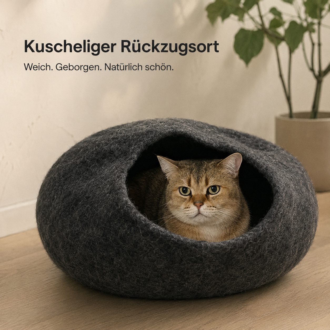 WOOWOOD Cosy Cave Katzenhöhle Wollfilz Anthrazit mit Katze