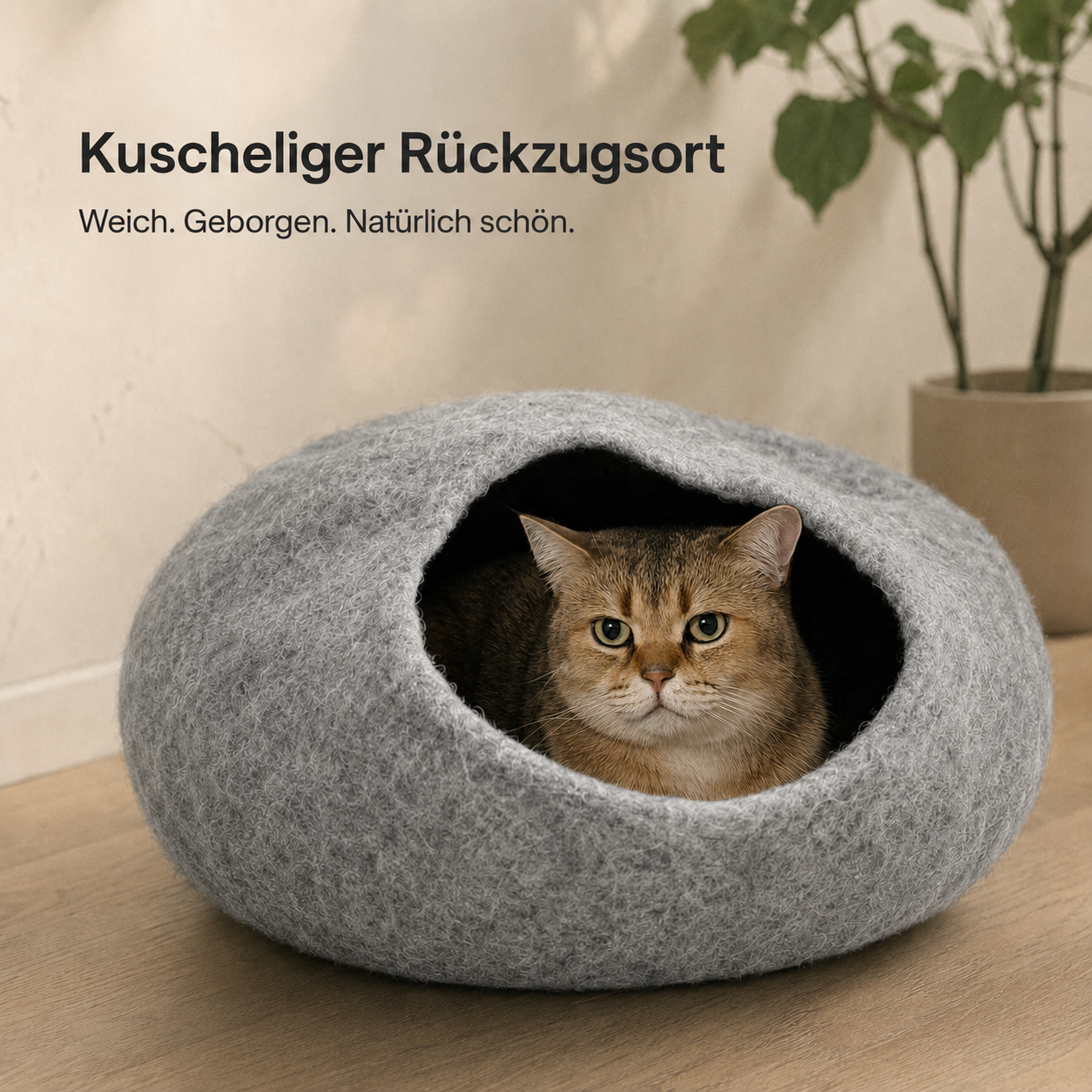 WOOWOOD Cosy Cave Katzenhöhle Wollfilz Naturhell mit Katze