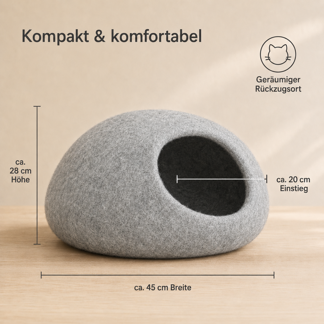 Maße: ca. 45 cm breit, 28 cm hoch – Cosy Cave Naturhell (Maß-Grafik wird auf 22 cm Einstieg aktualisiert)