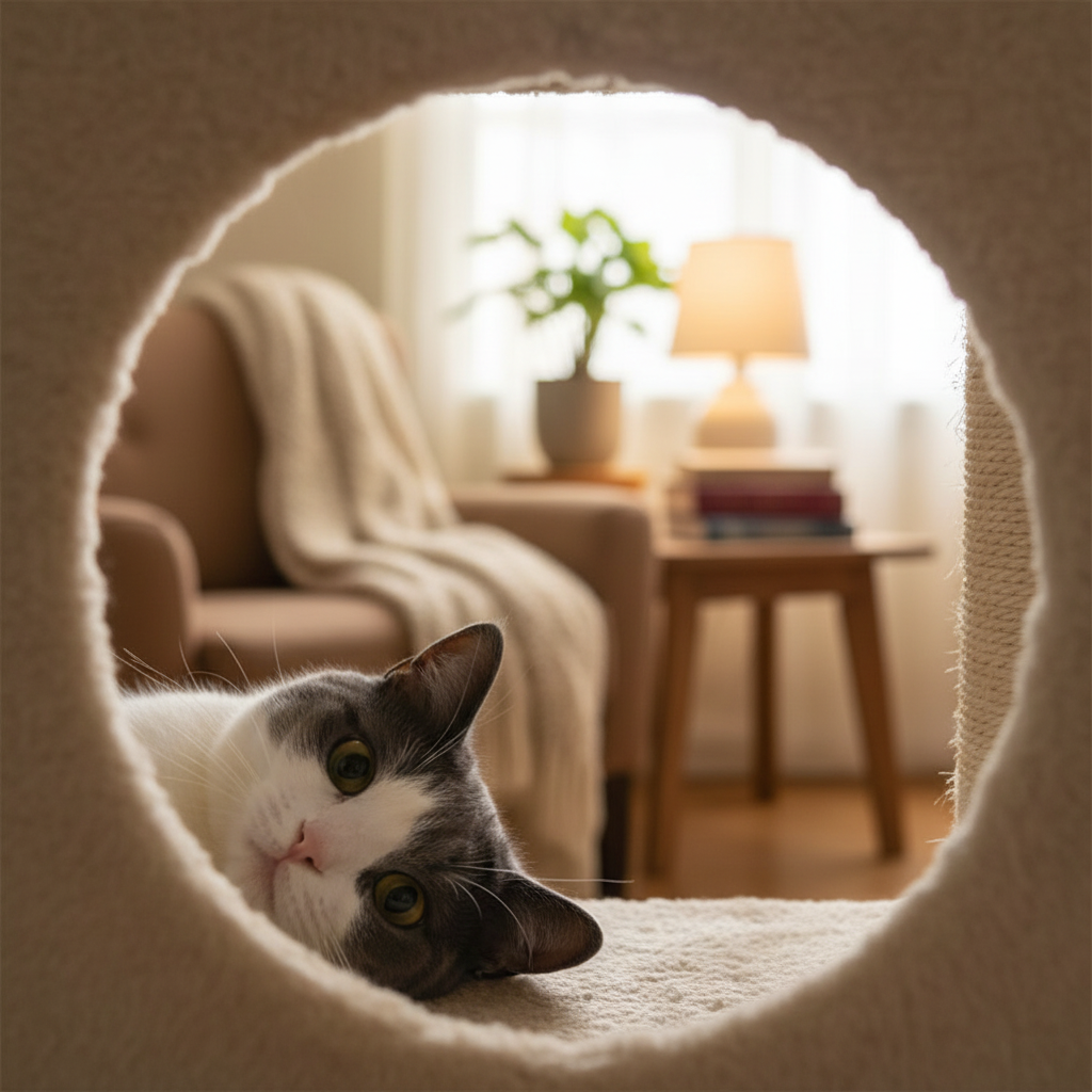 Katze liegt gemuetlich in der Hoehle