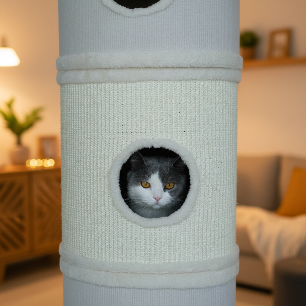 Katze schaut aus der Hoehle des Katzenturms