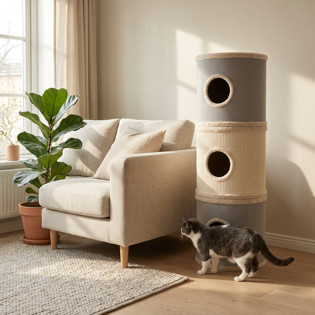 WOOWOOD Katzenturm im Wohnzimmer neben Sofa