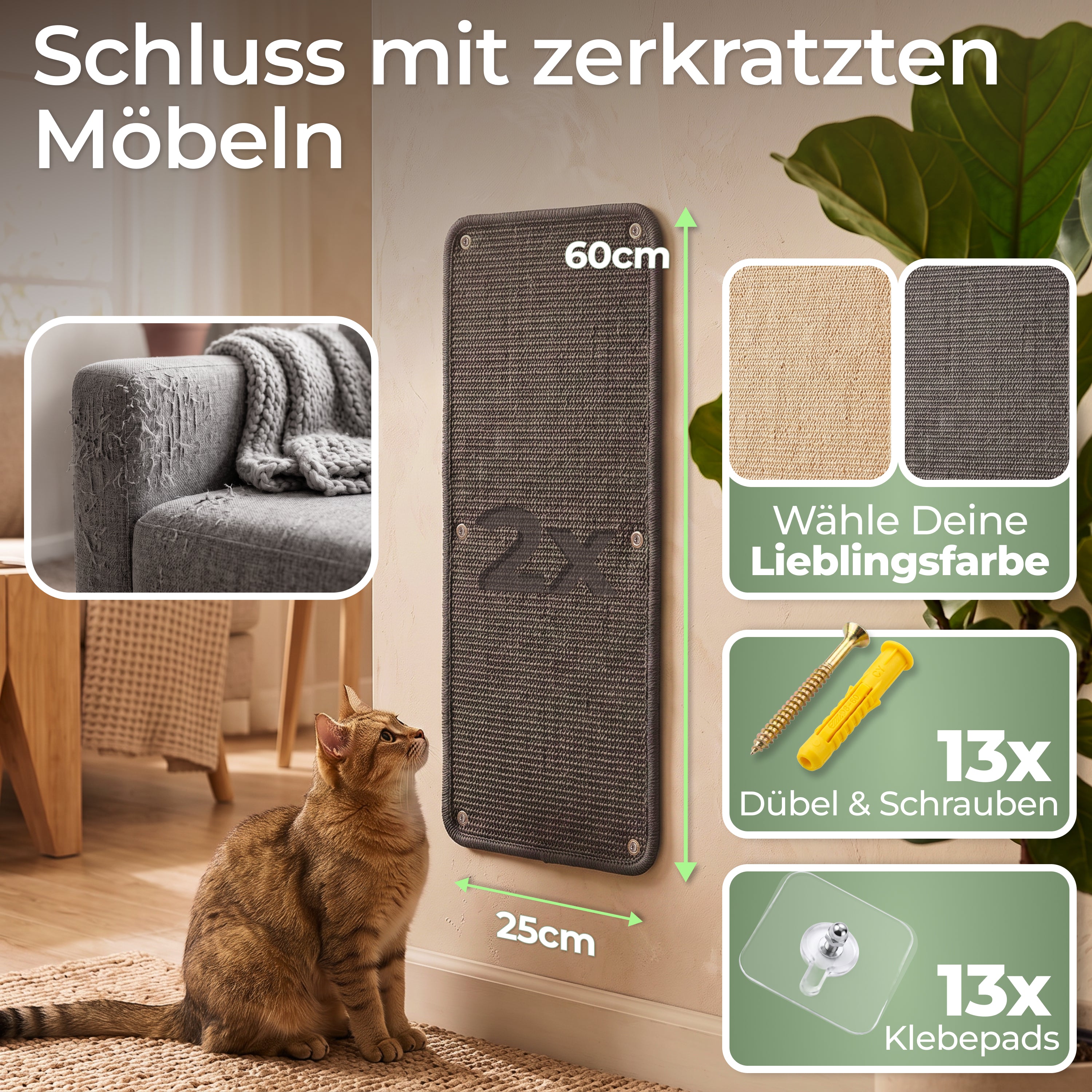 Kratzschutz Sisalmatte 2er Set für Wand und Möbel Grau