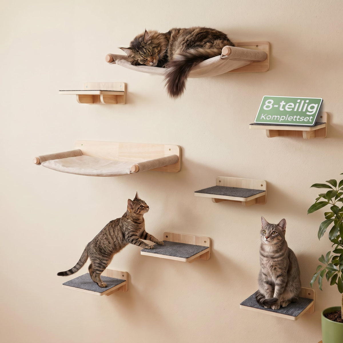 WOOWOOD Katzen Kletterwand 8-teilig mit 2 Hängematten und 6 Katzentreppen