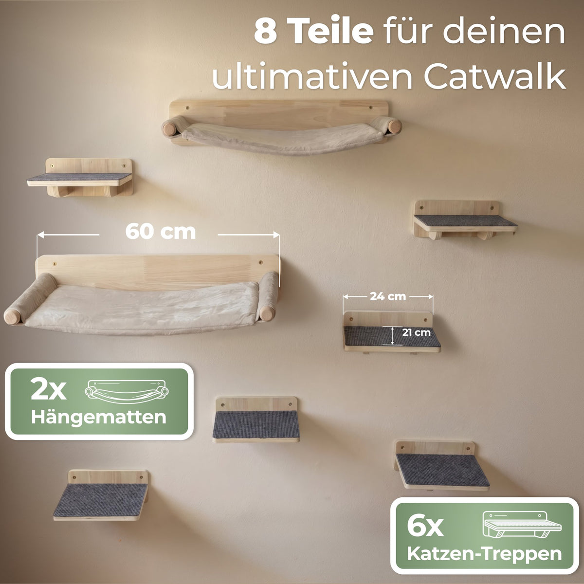 Lieferumfang: 2 Katzenhängematten und 6 Katzentreppen mit Maßen